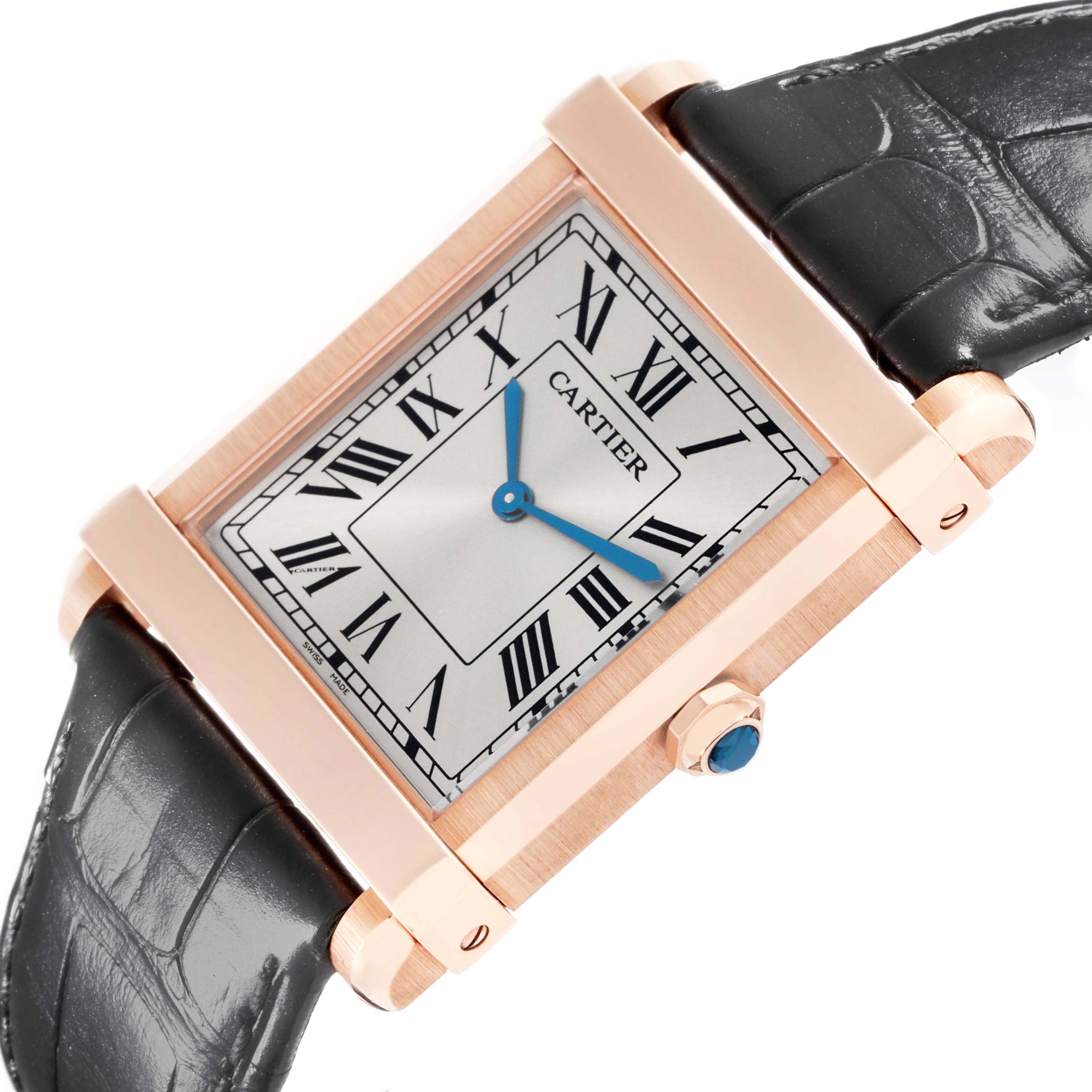 The Cartier Tank Louis WGTA0075 Men's Rose Gold Silver Dial watch is shown at a slight angle, highlighting its rectangular case, Roman numeral dial, and black leather strap.