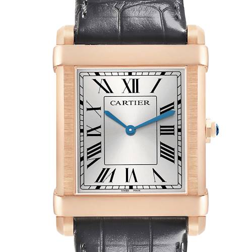 The Cartier Tank Louis WGTA0075 Men's Rose Gold Silver Dial watch is shown from the front, highlighting its rectangular face, roman numerals, and leather strap.