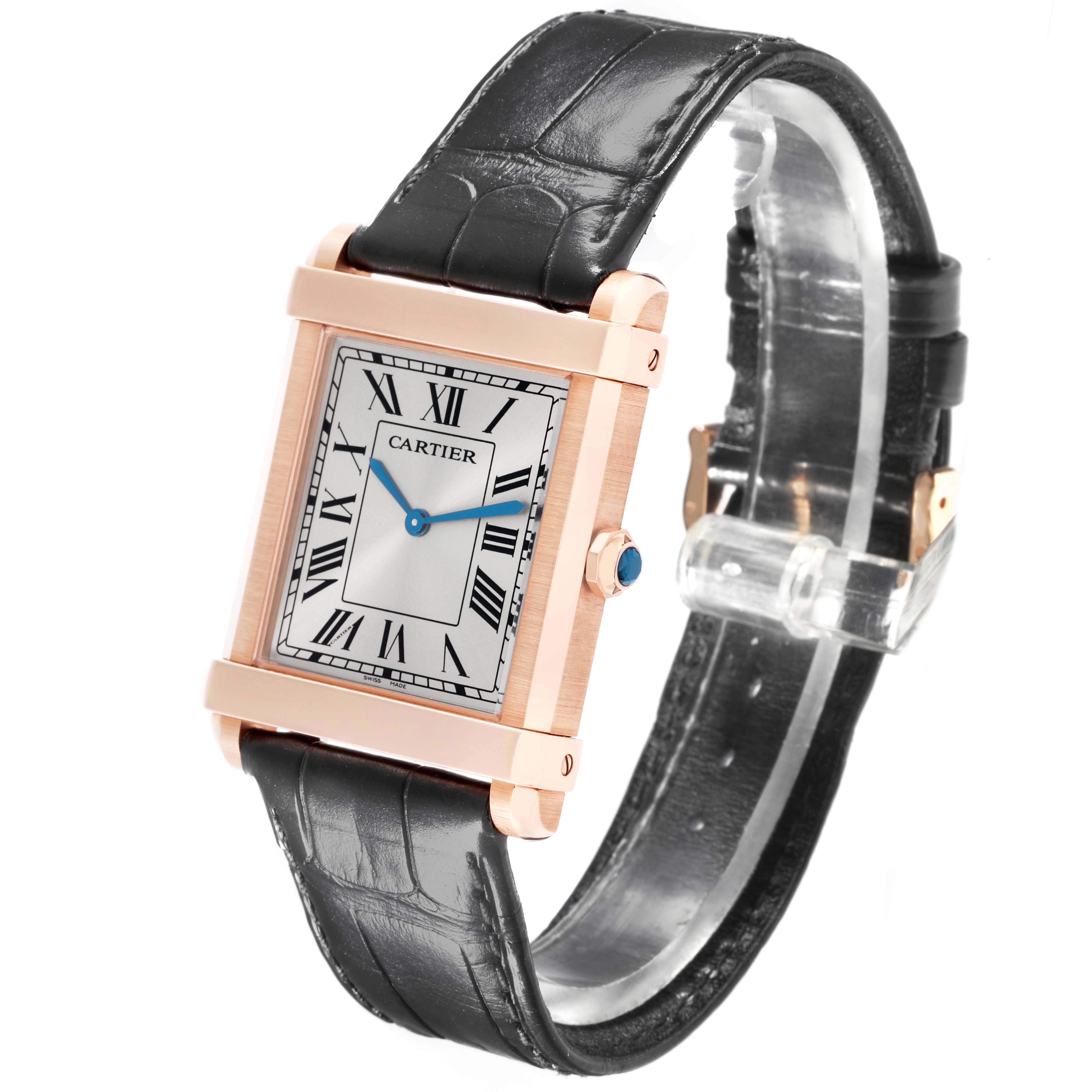 The Cartier Tank Louis WGTA0075 Men's Rose Gold Silver Dial watch is shown at a three-quarter angle, displaying its face, case, crown, and leather strap.