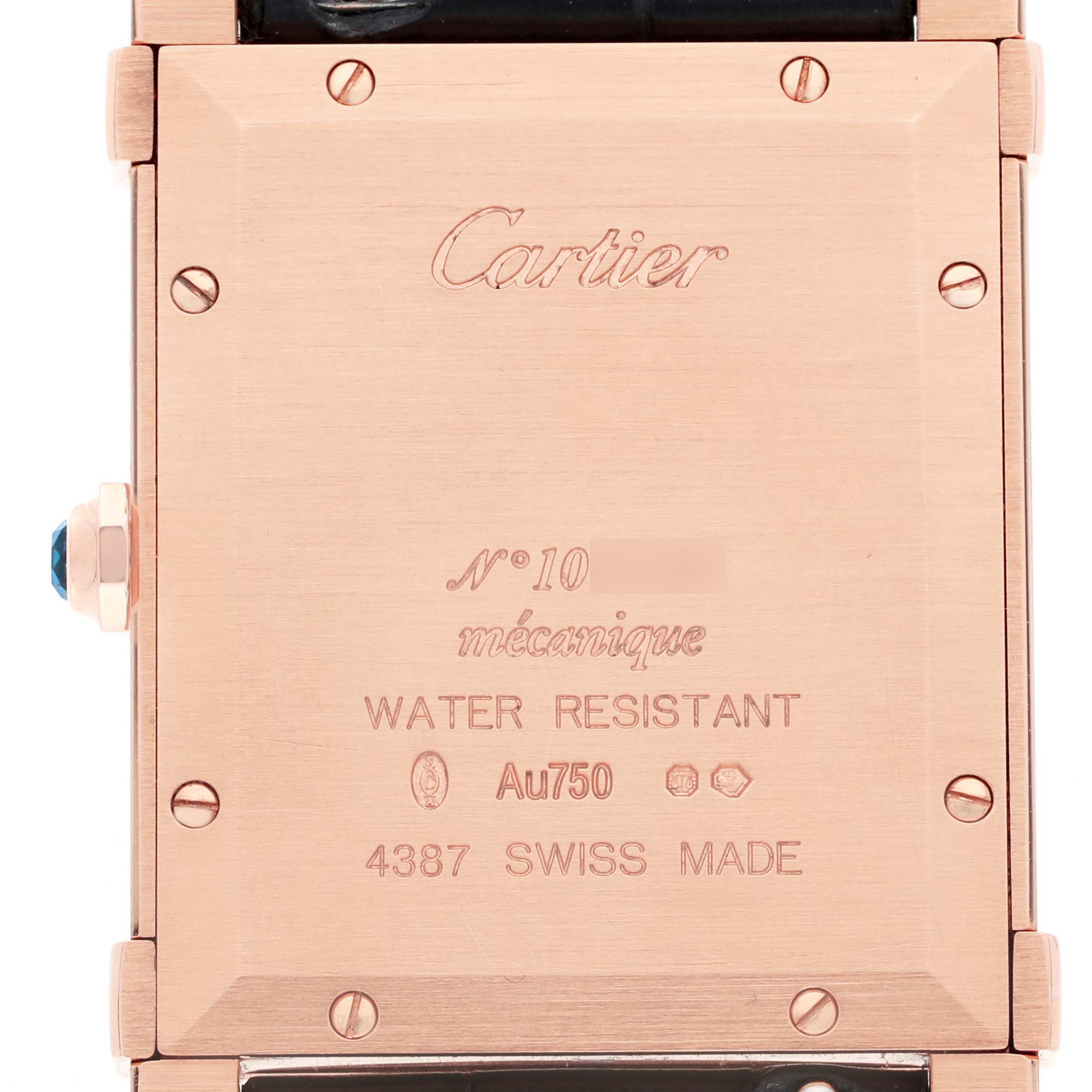 The image shows the back of the Cartier Tank Louis WGTA0075 Men's Rose Gold Silver Dial WGTA0075 Men's Rose Gold Silver Dial watch, highlighting engravings and a partially visible crown.