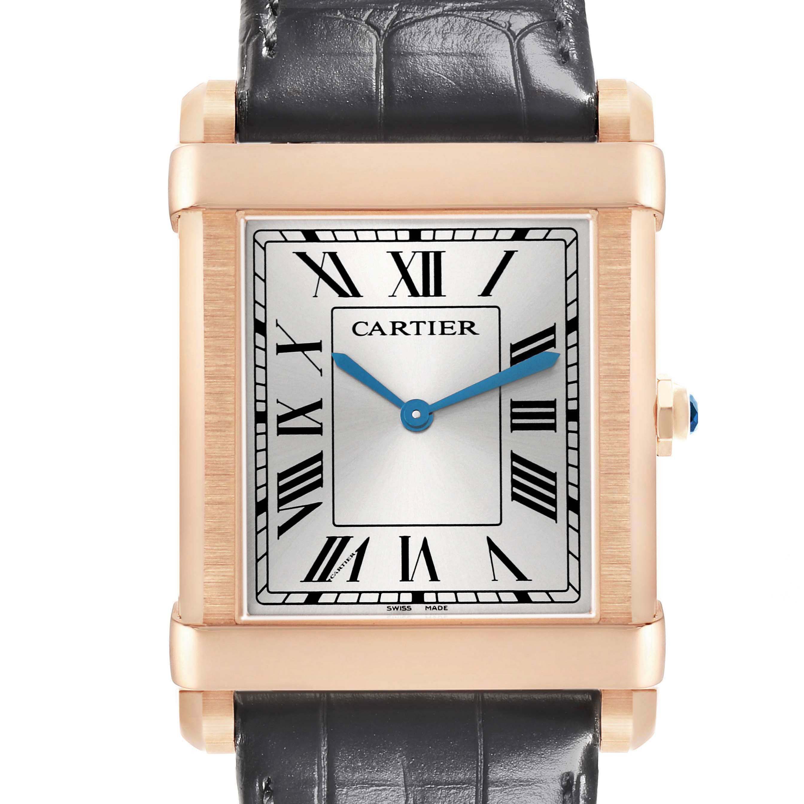 The Cartier Tank Louis WGTA0075 Men's Rose Gold Silver Dial watch is shown from the front, highlighting its rectangular face, Roman numerals, blue hands, and leather strap.