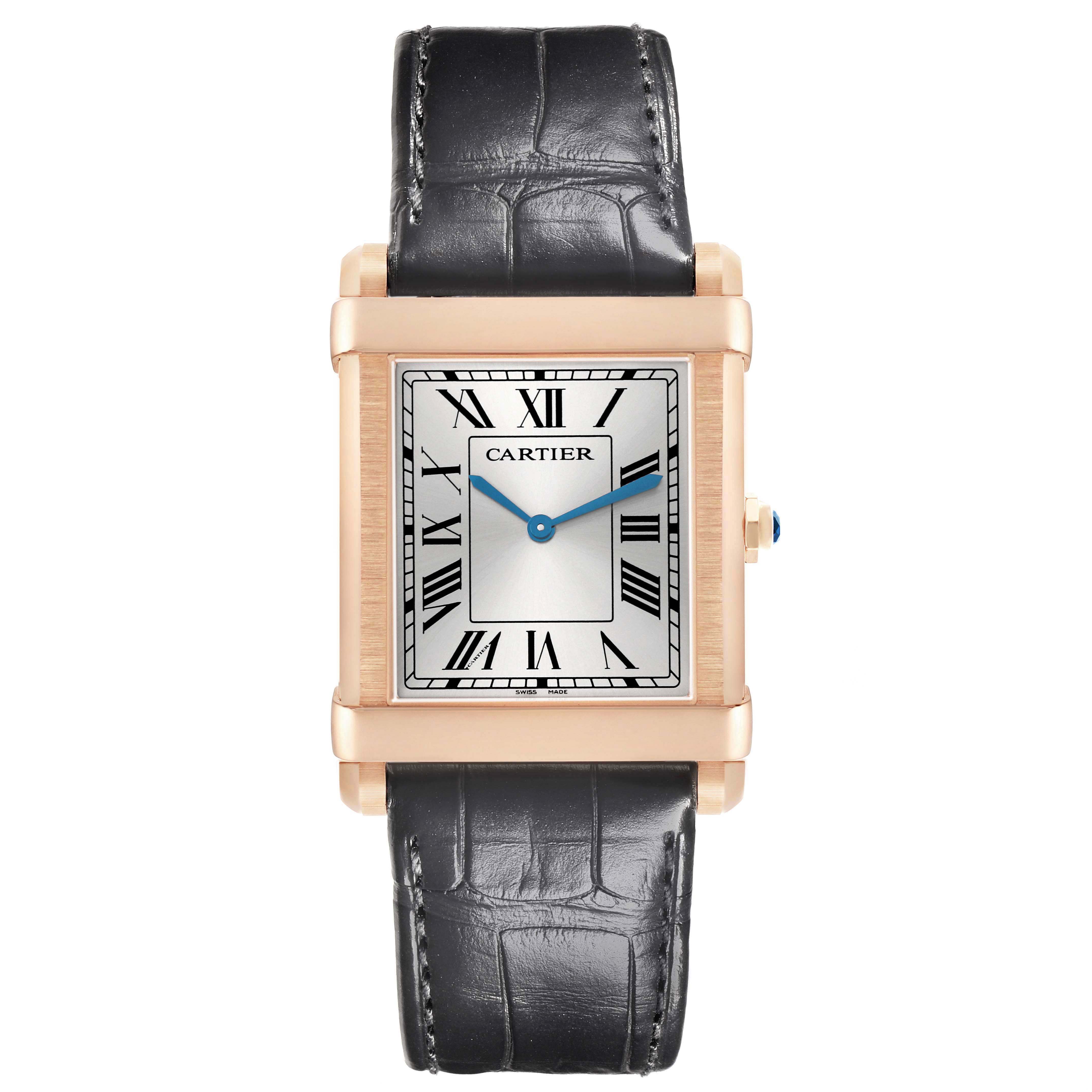 The Cartier Tank Louis WGTA0075 Men's Rose Gold Silver Dial watch is shown from a top view, highlighting its rectangular case, Roman numerals, and leather strap.