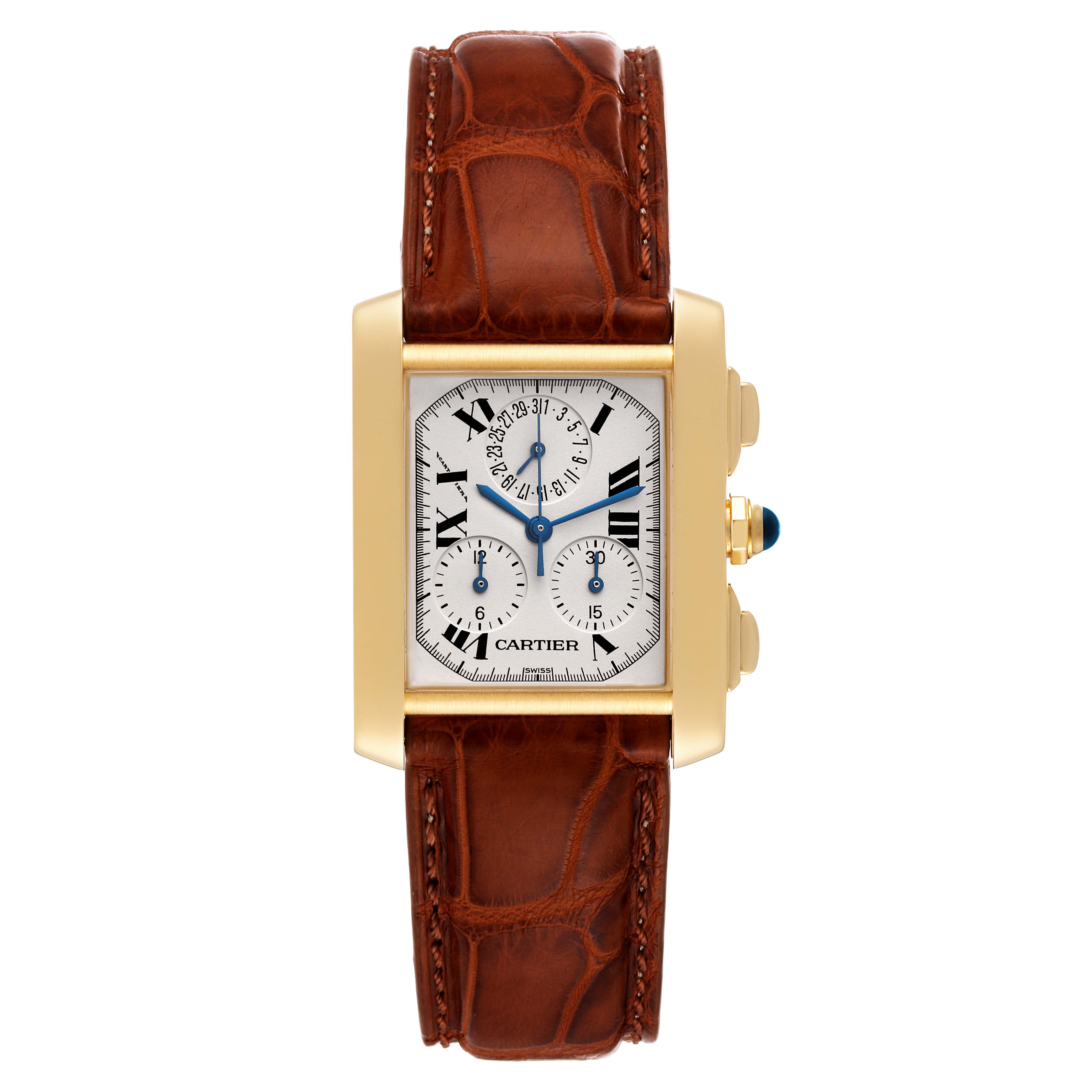 This image shows a Cartier Tank Francaise W5000556 Men's Yellow Gold Silver Dial W5000556 Men's Yellow Gold Silver Dial watch from a front angle, highlighting its brown leather strap and rectangular gold case.