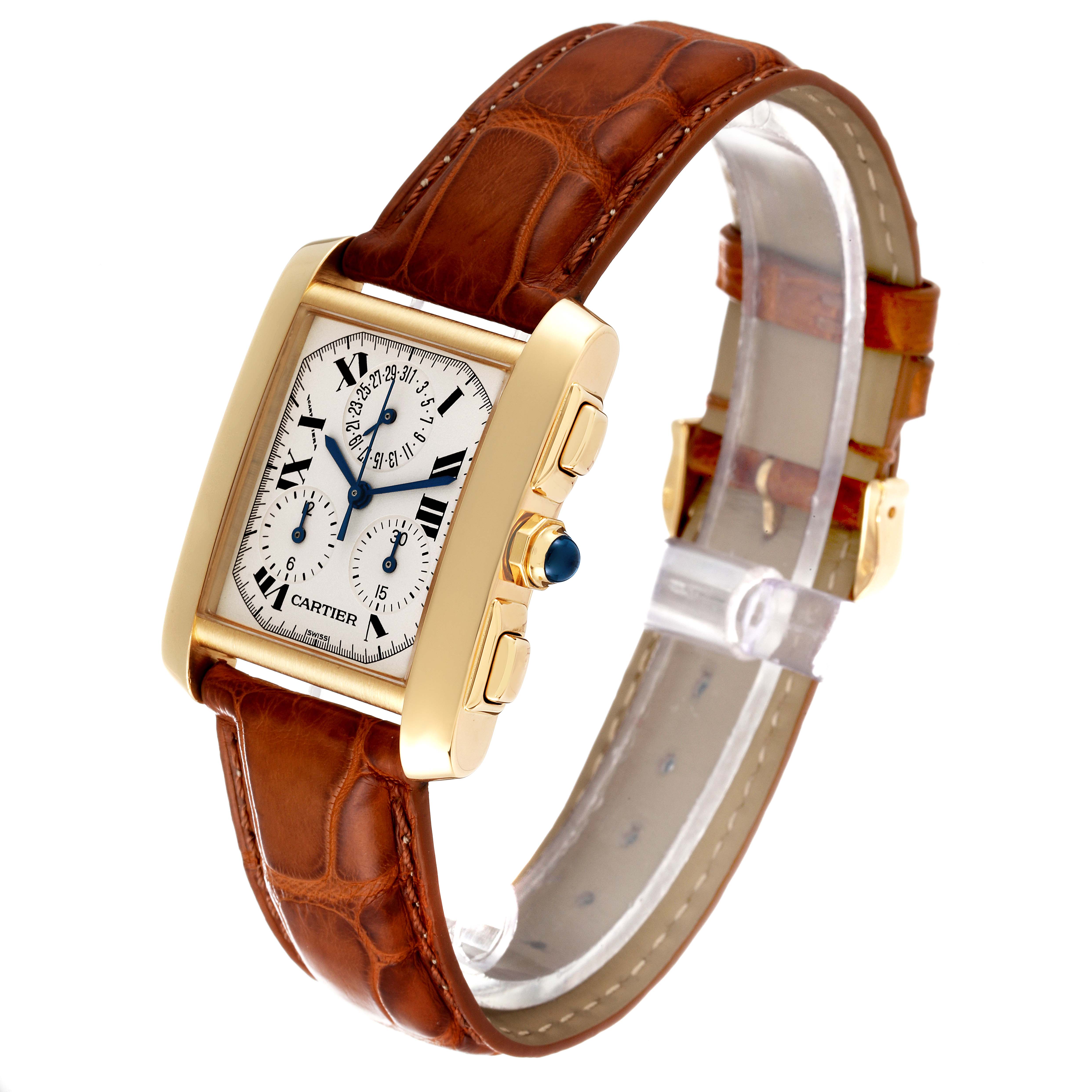 This image shows a Cartier Tank Française watch at a three-quarter angle with a detailed view of the dial and brown leather strap.