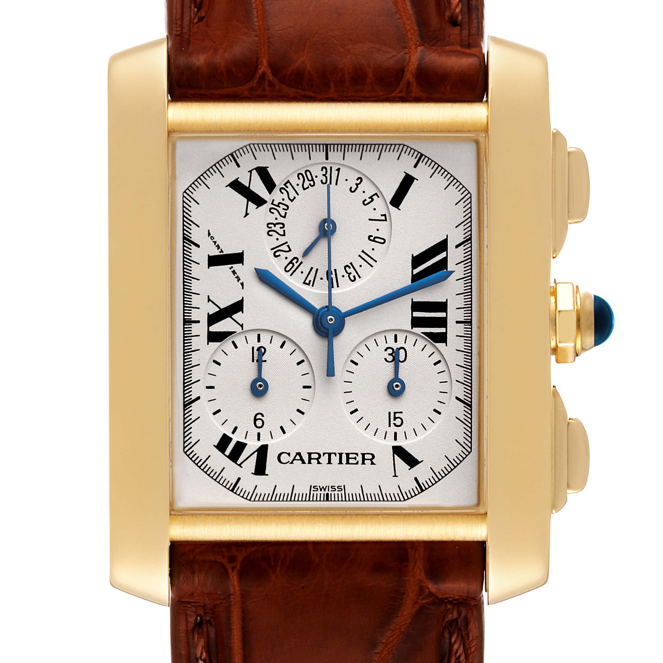 The image shows a front view of a Cartier Tank Française watch, highlighting its gold case, brown leather strap, and detailed face.