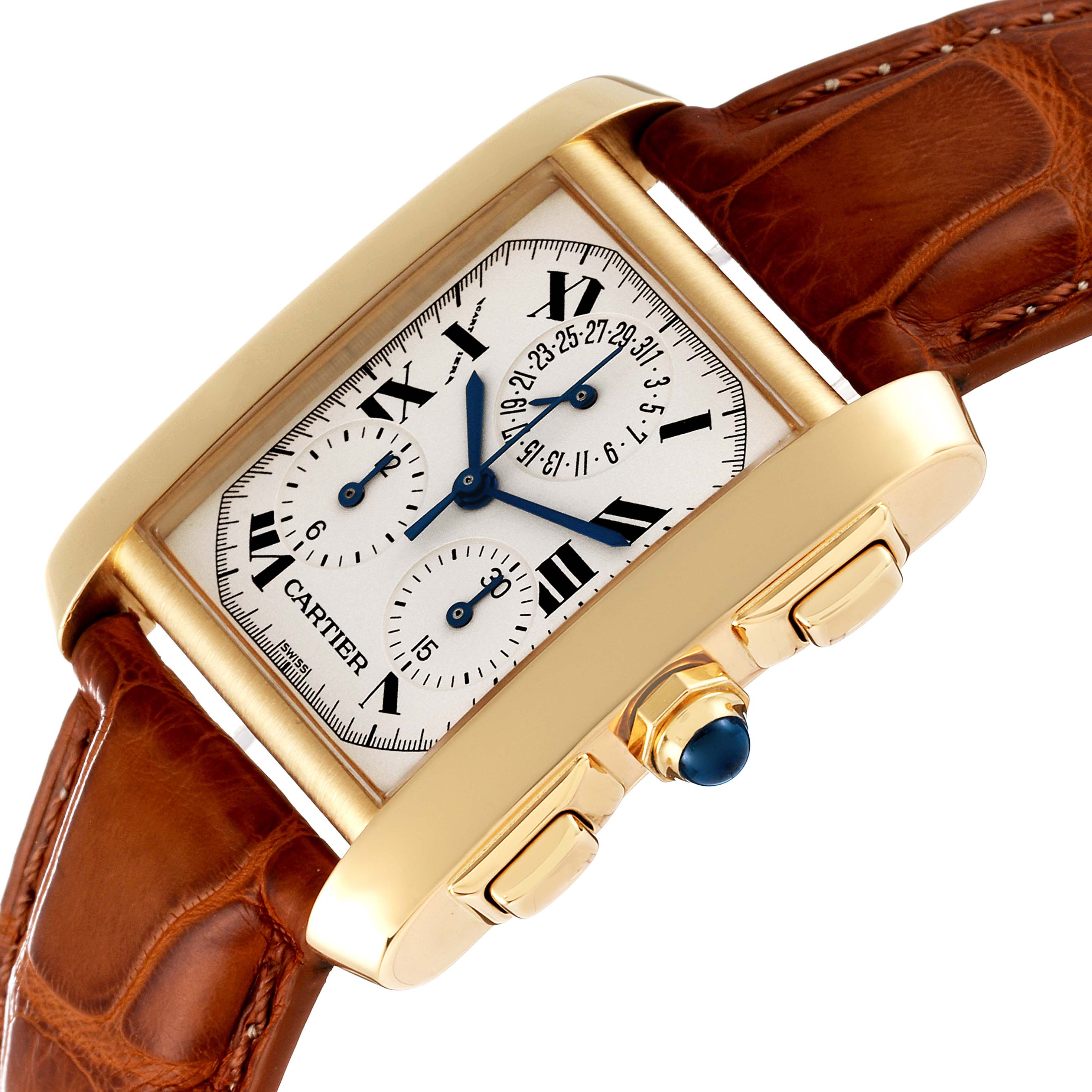 The Cartier Tank Française watch is shown from an angled side view, displaying the dial, crown, pushers, and leather strap.