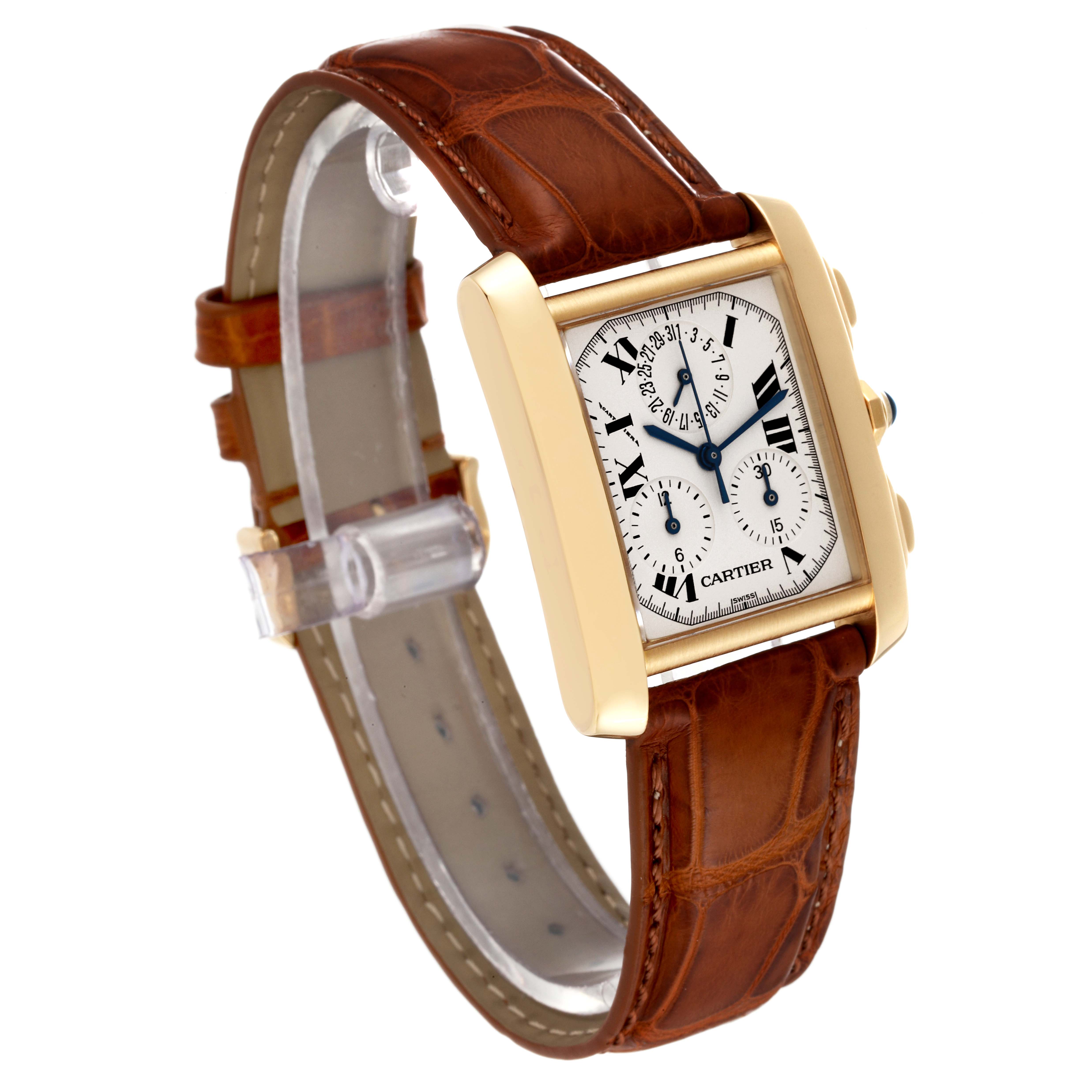 The image shows a Cartier Tank Française watch at an angled side view, highlighting the rectangular face and brown leather strap.