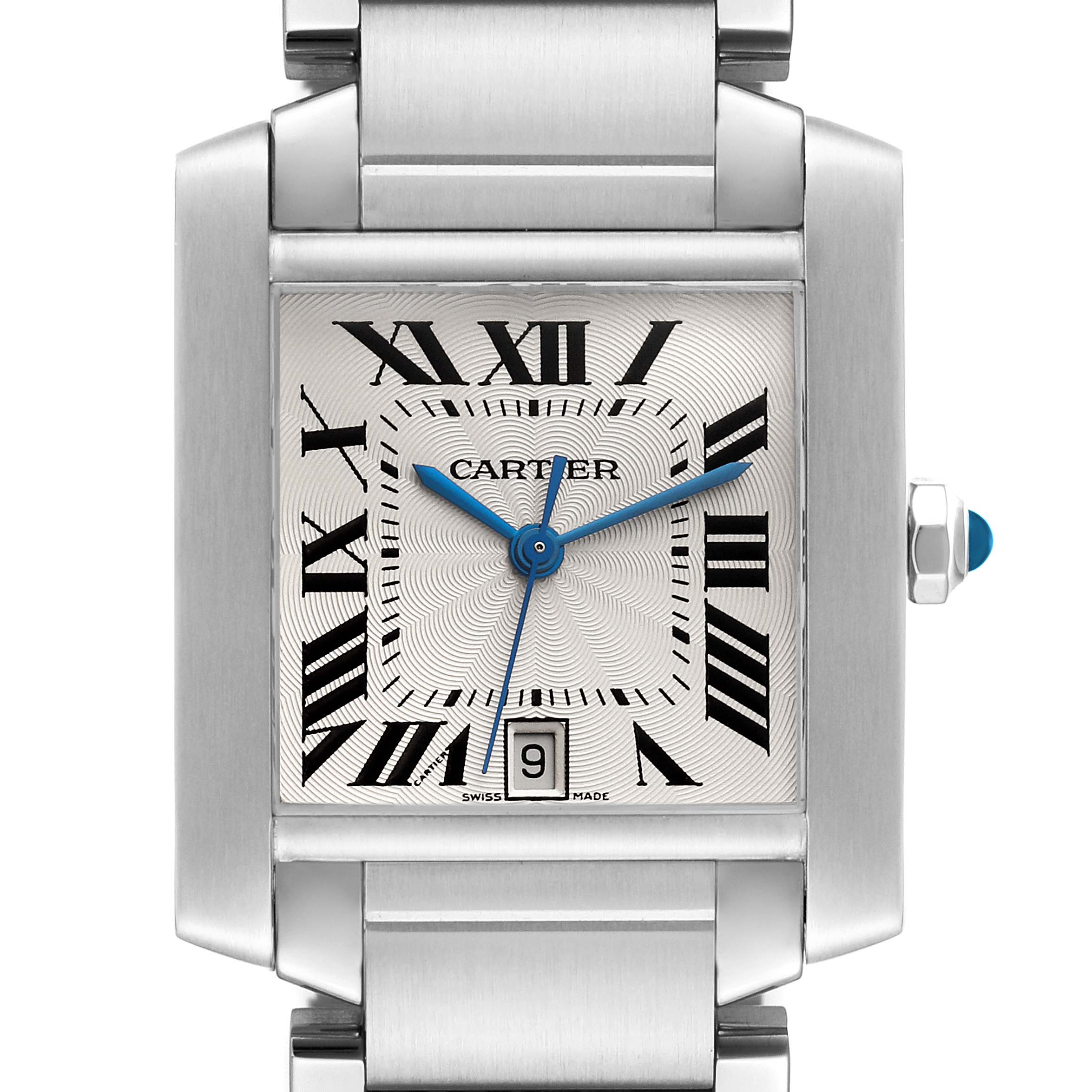 The image shows a front view of a Cartier Tank Française model watch, displaying its face, band, and crown.