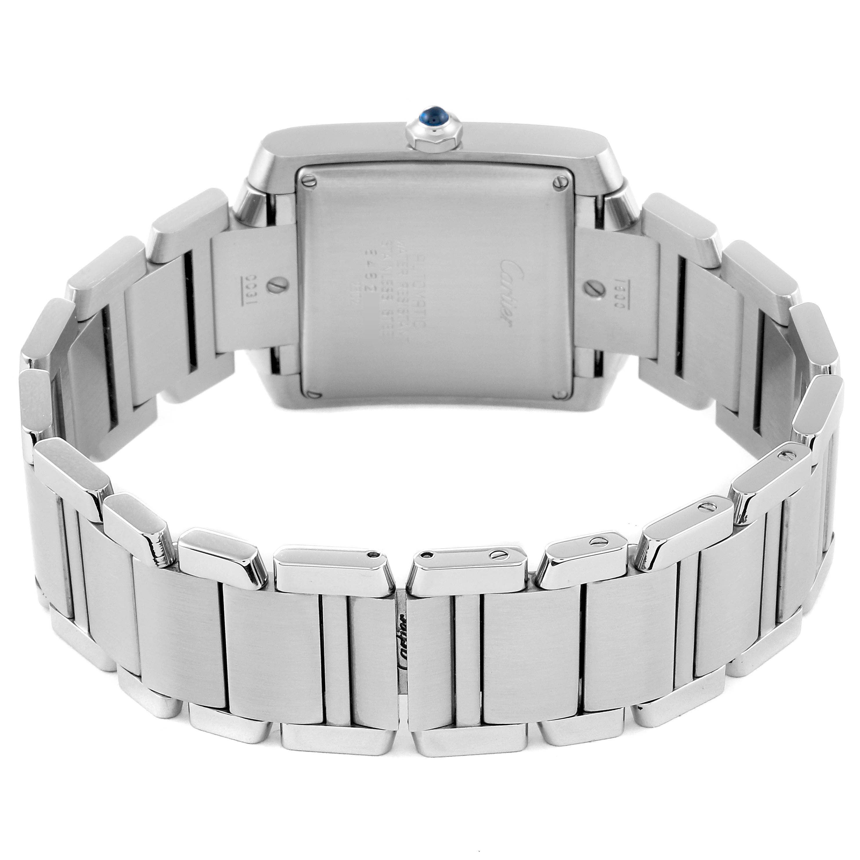 The image shows the back and bracelet of a Cartier Tank Francaise W51002Q3 Men's Stainless Steel Silver Dial W51002Q3 Men's Stainless Steel Silver Dial watch from a rear angle.