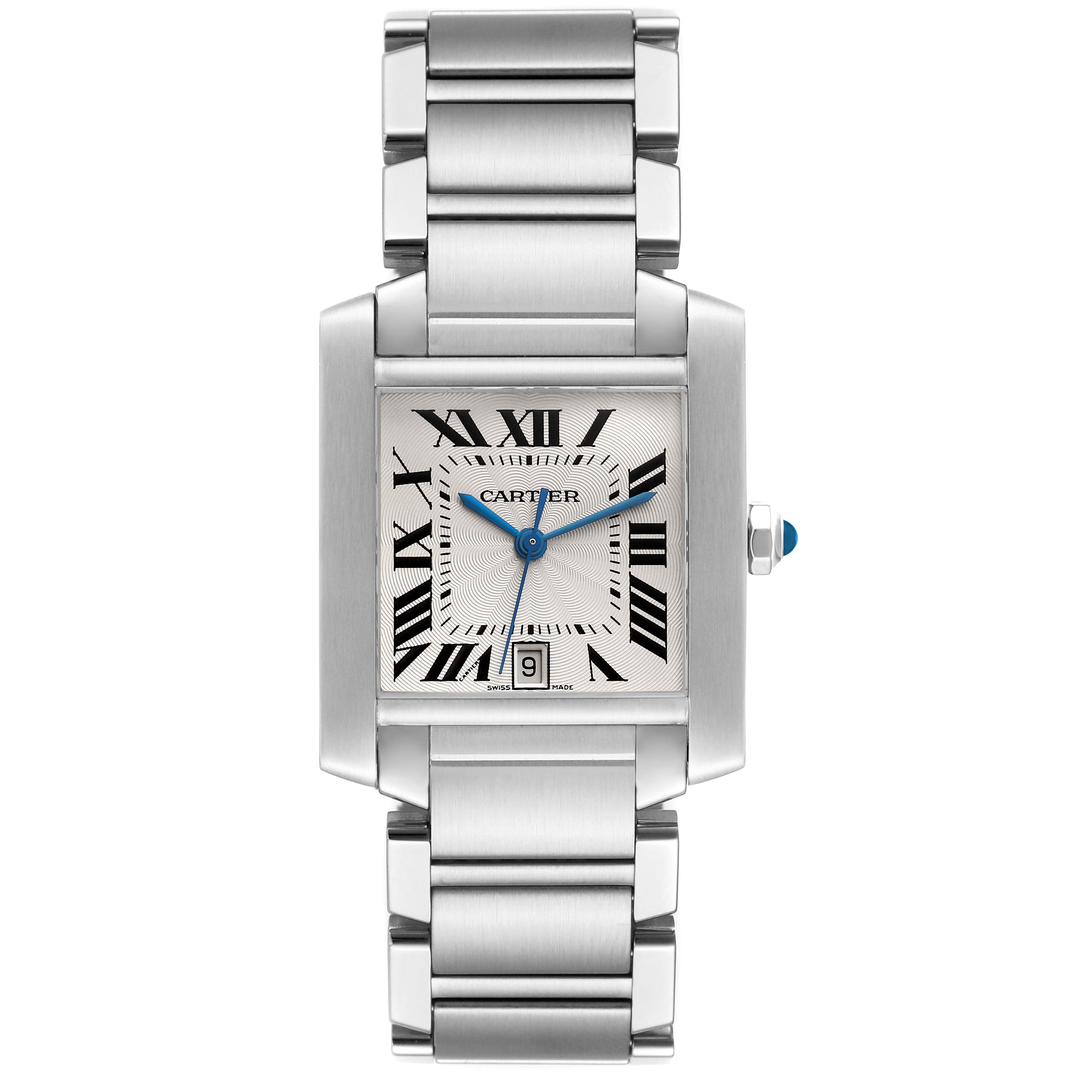 This Cartier Tank Francaise W51002Q3 Men's Stainless Steel Silver Dial W51002Q3 Men's Stainless Steel Silver Dial watch is shown from a front angle, displaying the dial, bracelet, and crown.