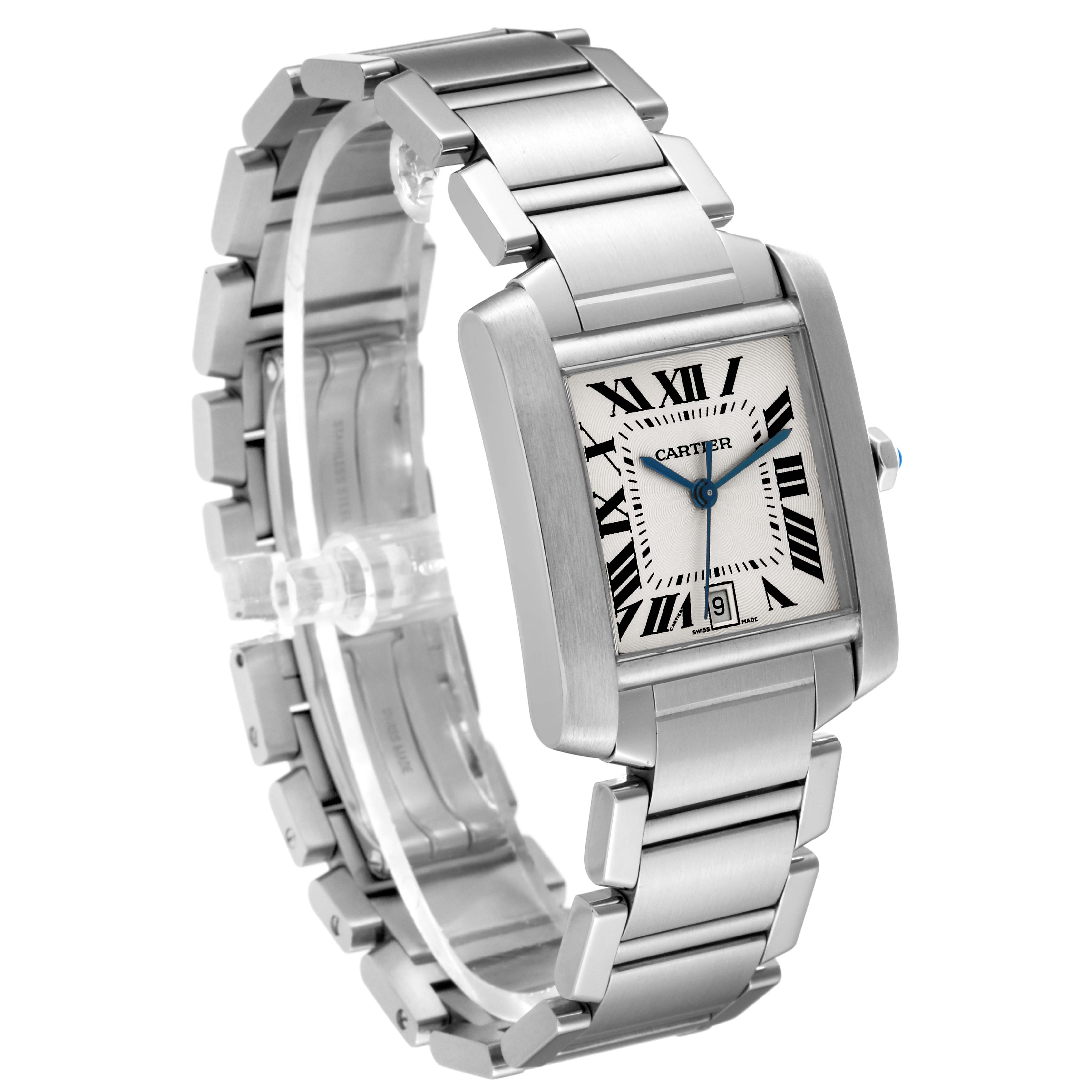 This image shows a Cartier Tank Francaise W51002Q3 Men's Stainless Steel Silver Dial W51002Q3 Men's Stainless Steel Silver Dial model watch from an angled side view, highlighting the face, case, and metal bracelet.