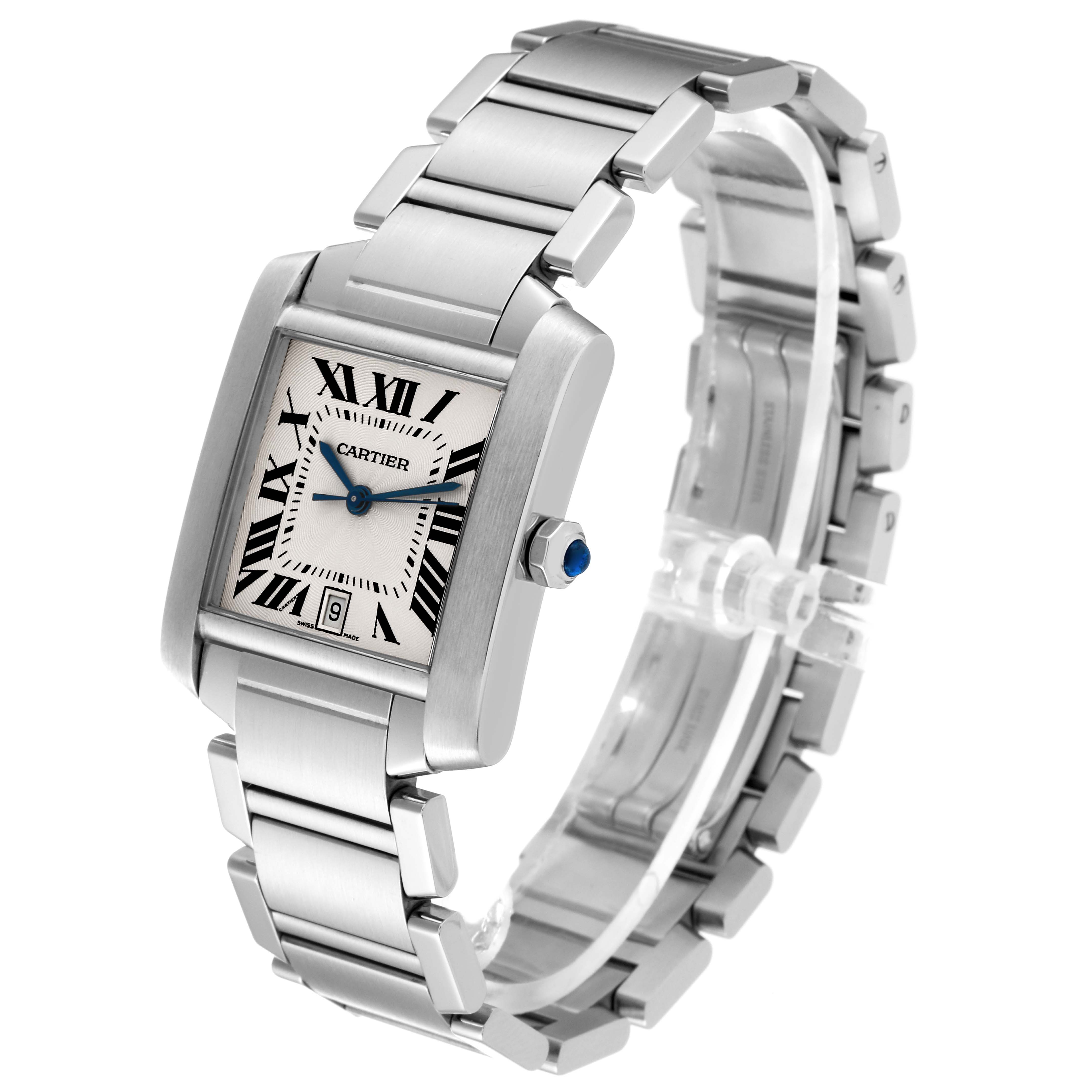 The image shows a Cartier Tank Francaise W51002Q3 Men's Stainless Steel Silver Dial W51002Q3 Men's Stainless Steel Silver Dial watch from a three-quarter angle, highlighting its face, bracelet, and crown.