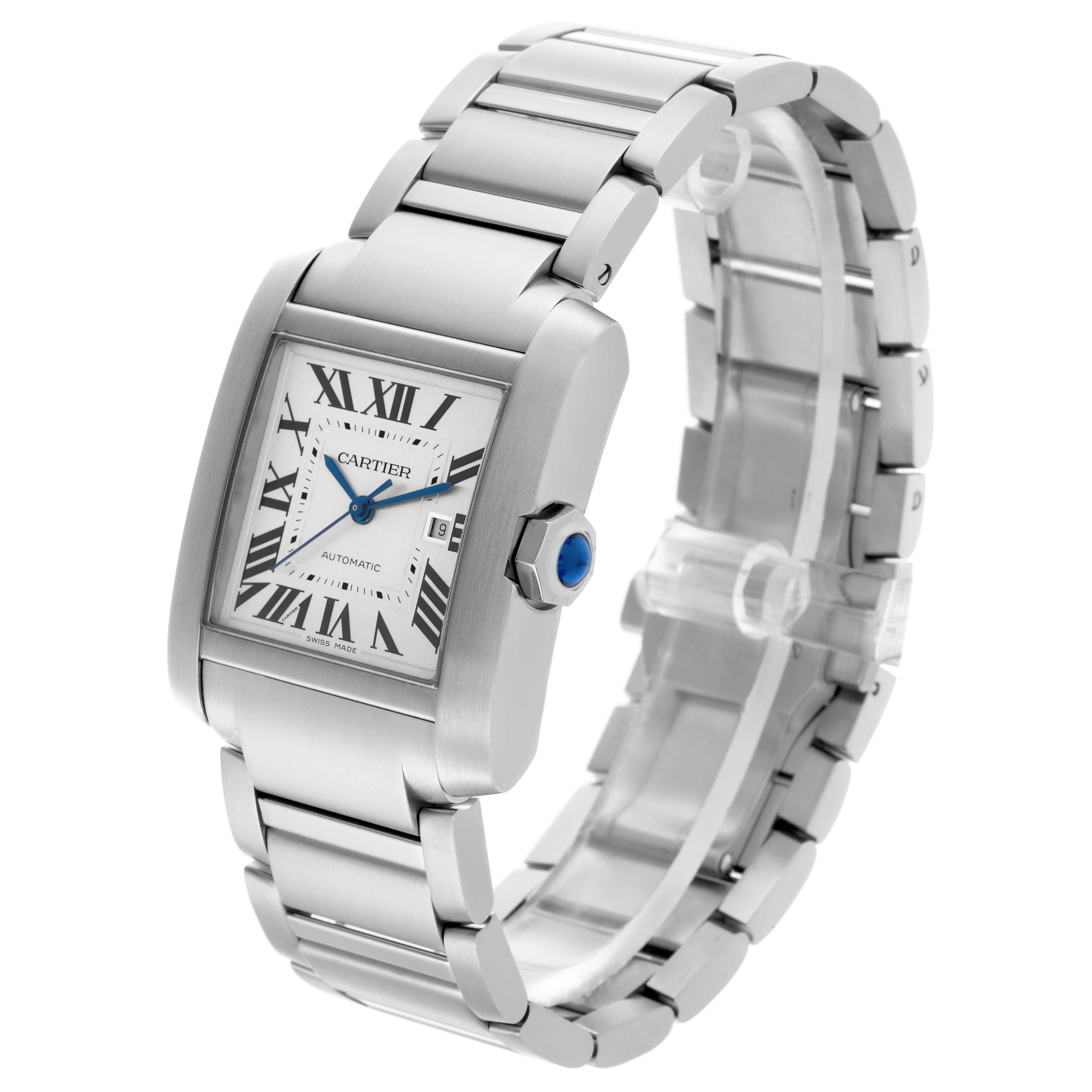 The Cartier Tank Francaise WSTA0067 Men's Stainless Steel Silver Dial WSTA0067 Men's Stainless Steel Silver Dial watch is shown at an angled view, highlighting the case, bracelet, crown with blue cabochon, and dial.