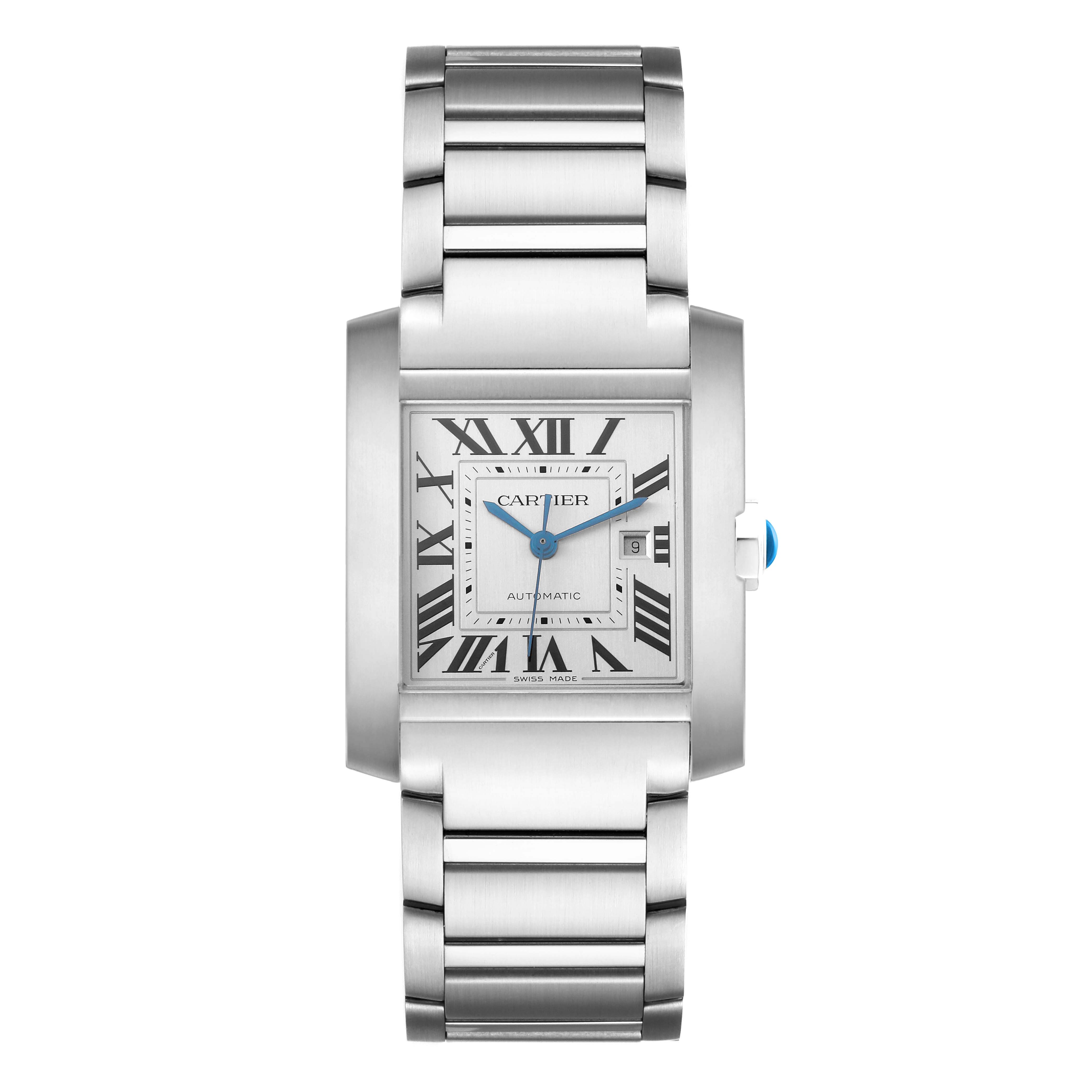 The Cartier Tank Francaise WSTA0067 Men's Stainless Steel Silver Dial WSTA0067 Men's Stainless Steel Silver Dial watch is shown from the front, displaying the face, Roman numerals, and stainless steel bracelet.