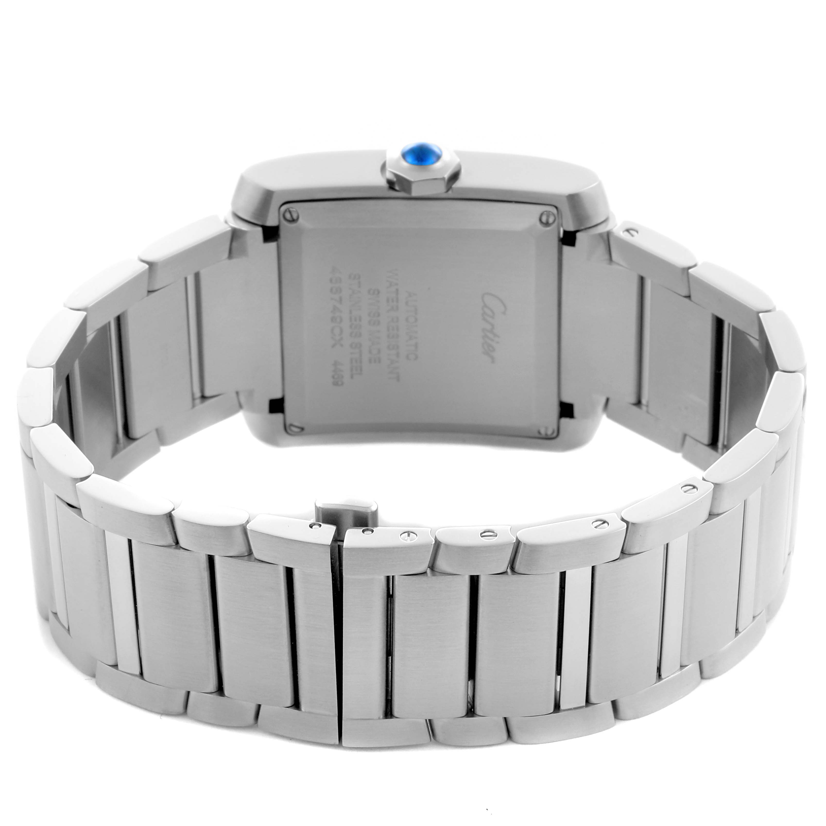 The image shows the back view of a Cartier Tank Française watch, highlighting the bracelet and case back.