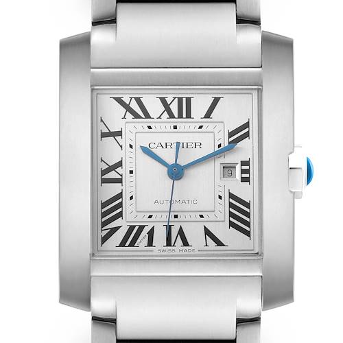 The Cartier Tank Française watch is shown front-facing, highlighting its square face, Roman numerals, and central hands.