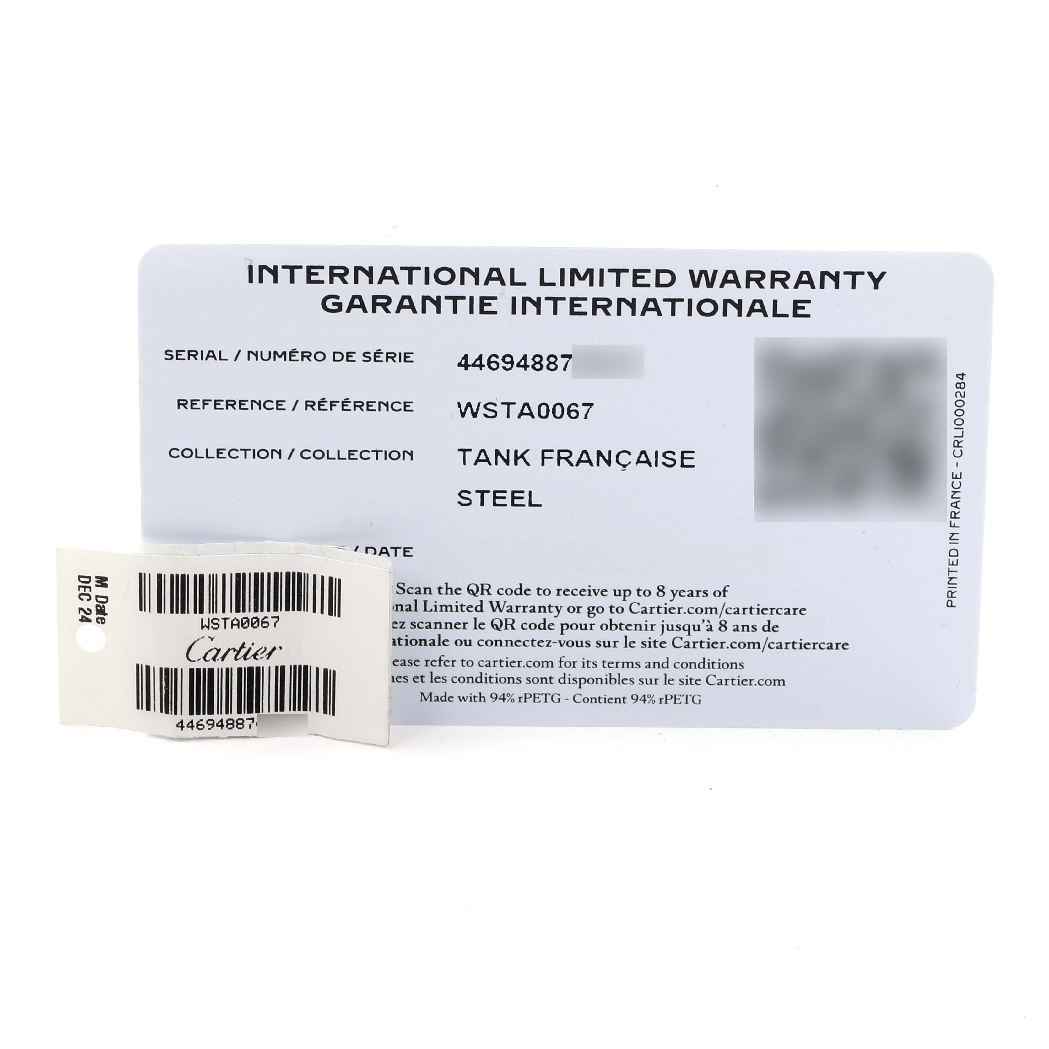 The image shows warranty cards for a Cartier Tank Française model, detailing serial and reference numbers.