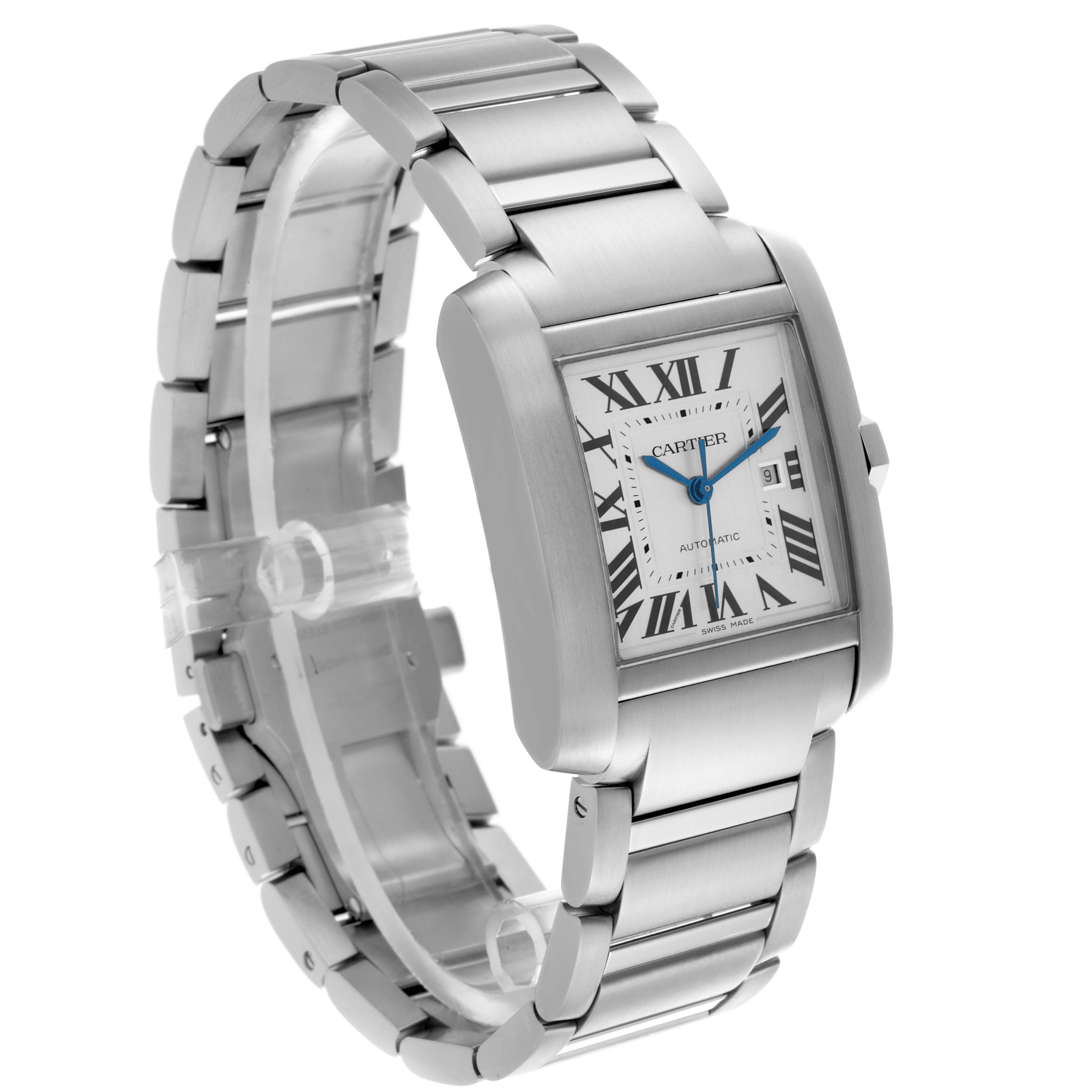 The Cartier Tank Francaise WSTA0067 Men's Stainless Steel Silver Dial WSTA0067 Men's Stainless Steel Silver Dial watch is shown at an angle highlighting its face, bracelet, and side profile.