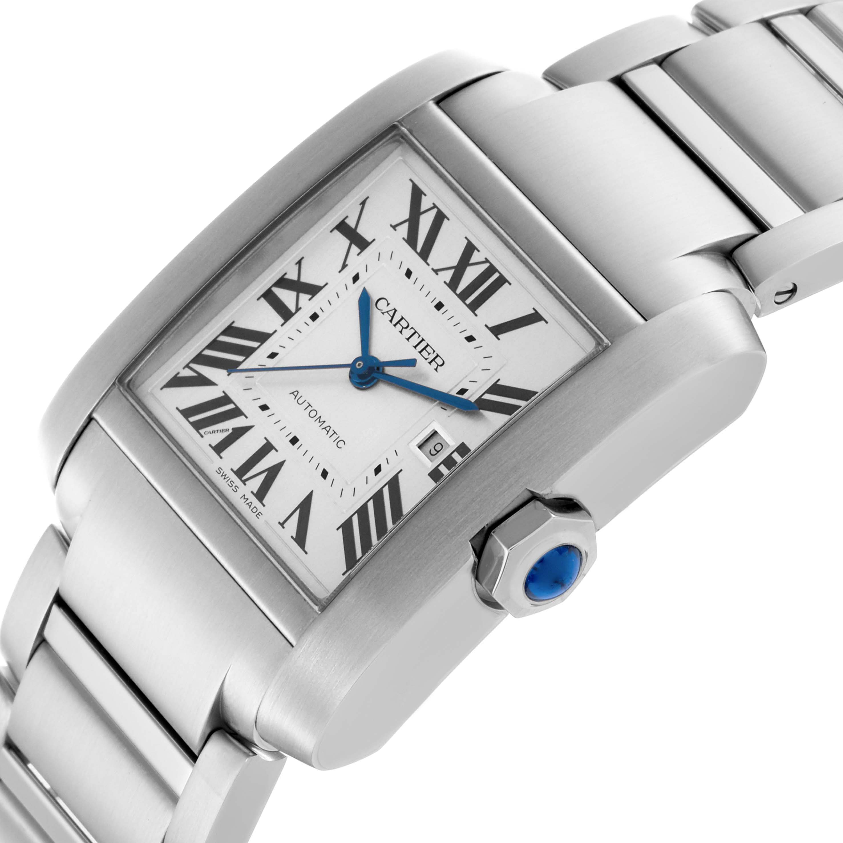 The Cartier Tank Française watch is shown at an angled view, highlighting the face, crown, and parts of the metal bracelet.
