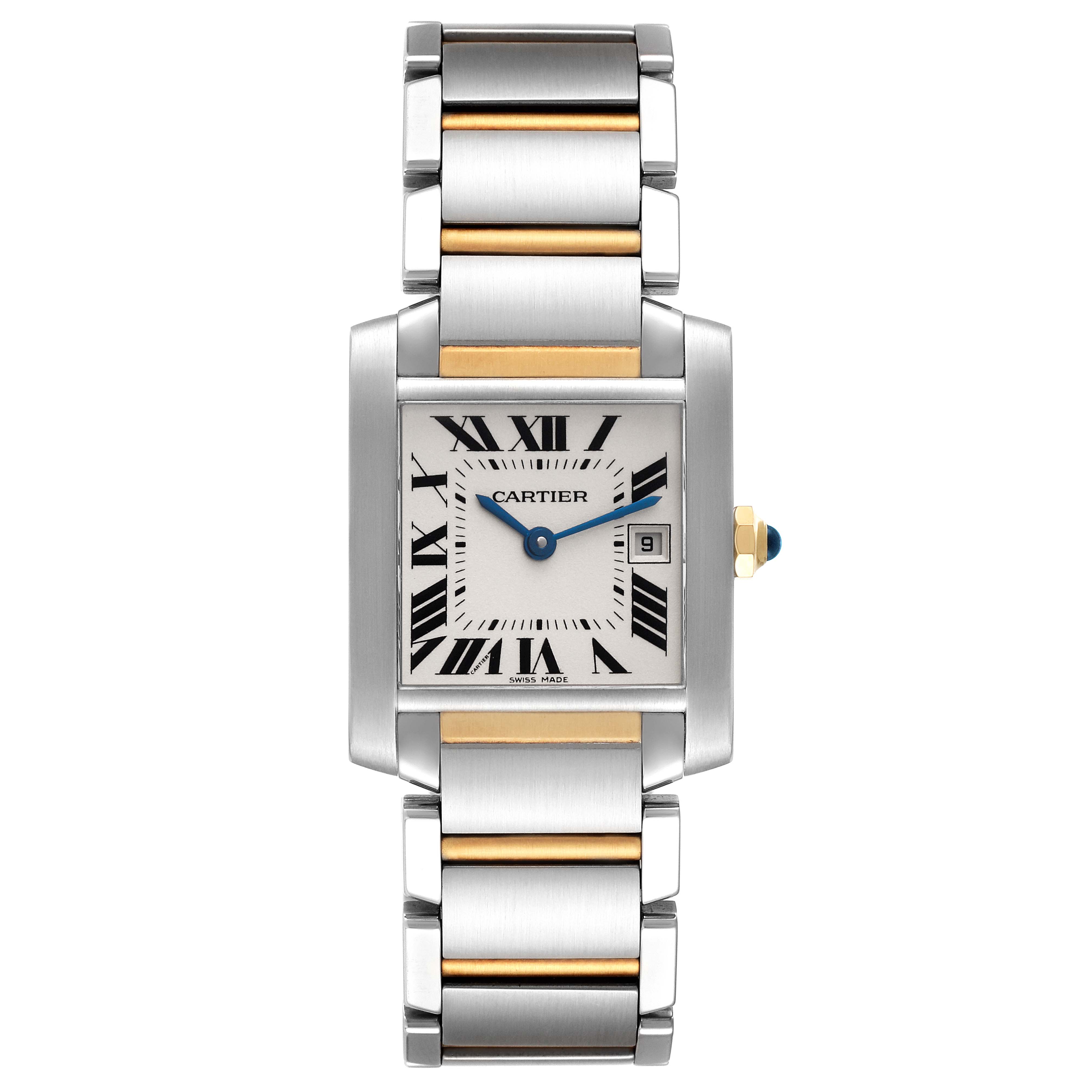 This Cartier Tank Francaise W51012Q4 Women
s Steel and Gold (two tone) Silver Dial W51012Q4 Women
s Steel and Gold (two tone) Silver Dial watch is shown from a front angle, displaying the face, bezel, and stainless steel bracelet with gold accents.