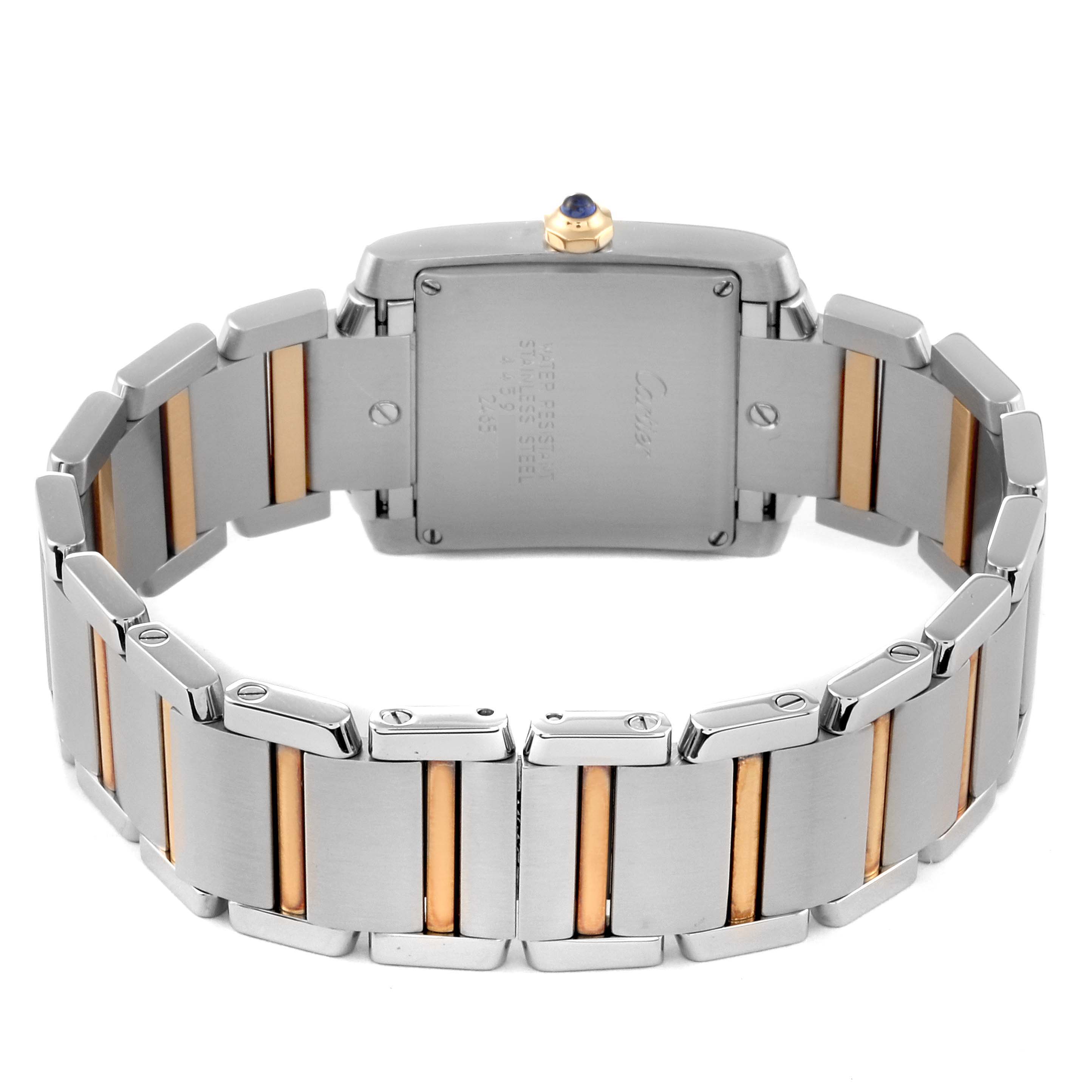 The image shows the back of a Cartier Tank Francaise W51012Q4 Women
s Steel and Gold (two tone) Silver Dial W51012Q4 Women
s Steel and Gold (two tone) Silver Dial watch, focusing on the case back and two-tone metal bracelet.