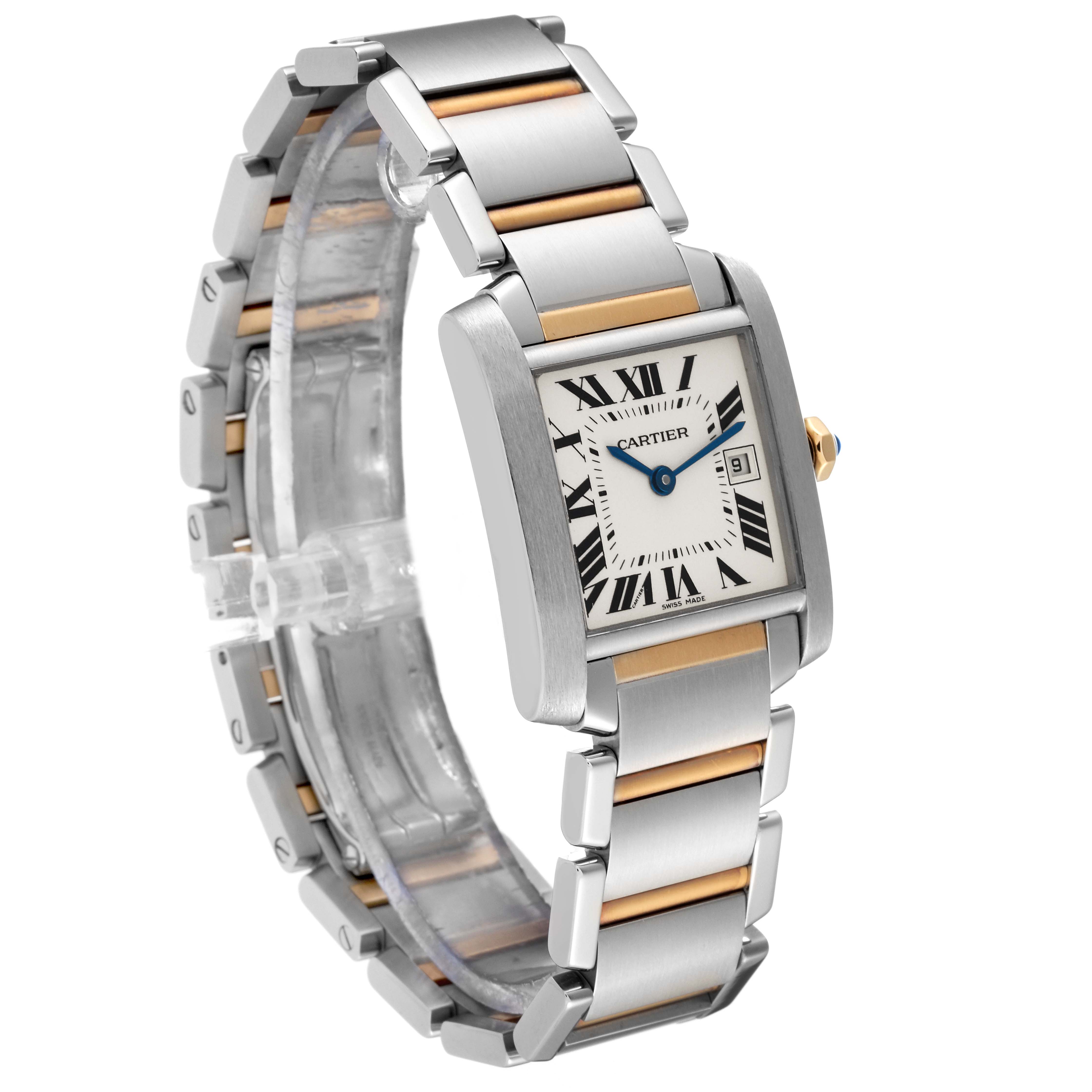 This image shows a Cartier Tank Française watch at a 3/4 angle, highlighting its bracelet and face.