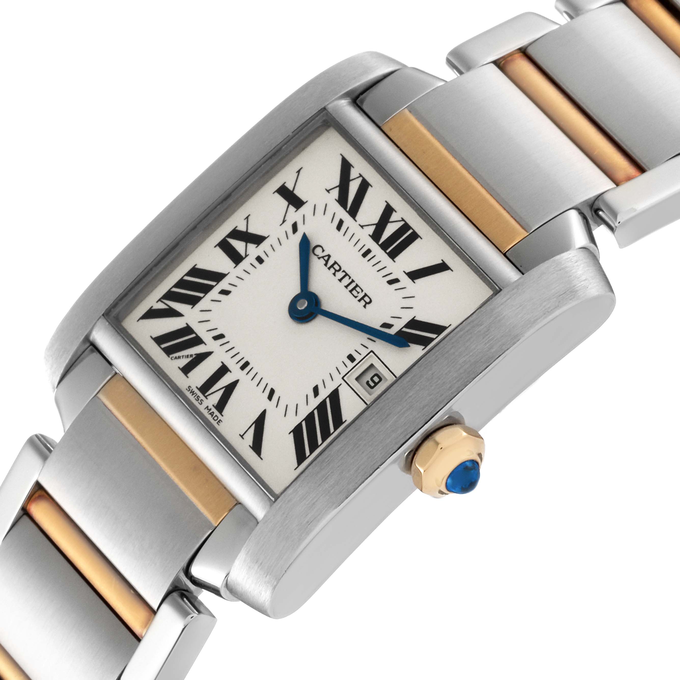 The image shows a close-up view of the Tank Francaise watch by Cartier, highlighting its rectangular face, Roman numerals, and metal bracelet.