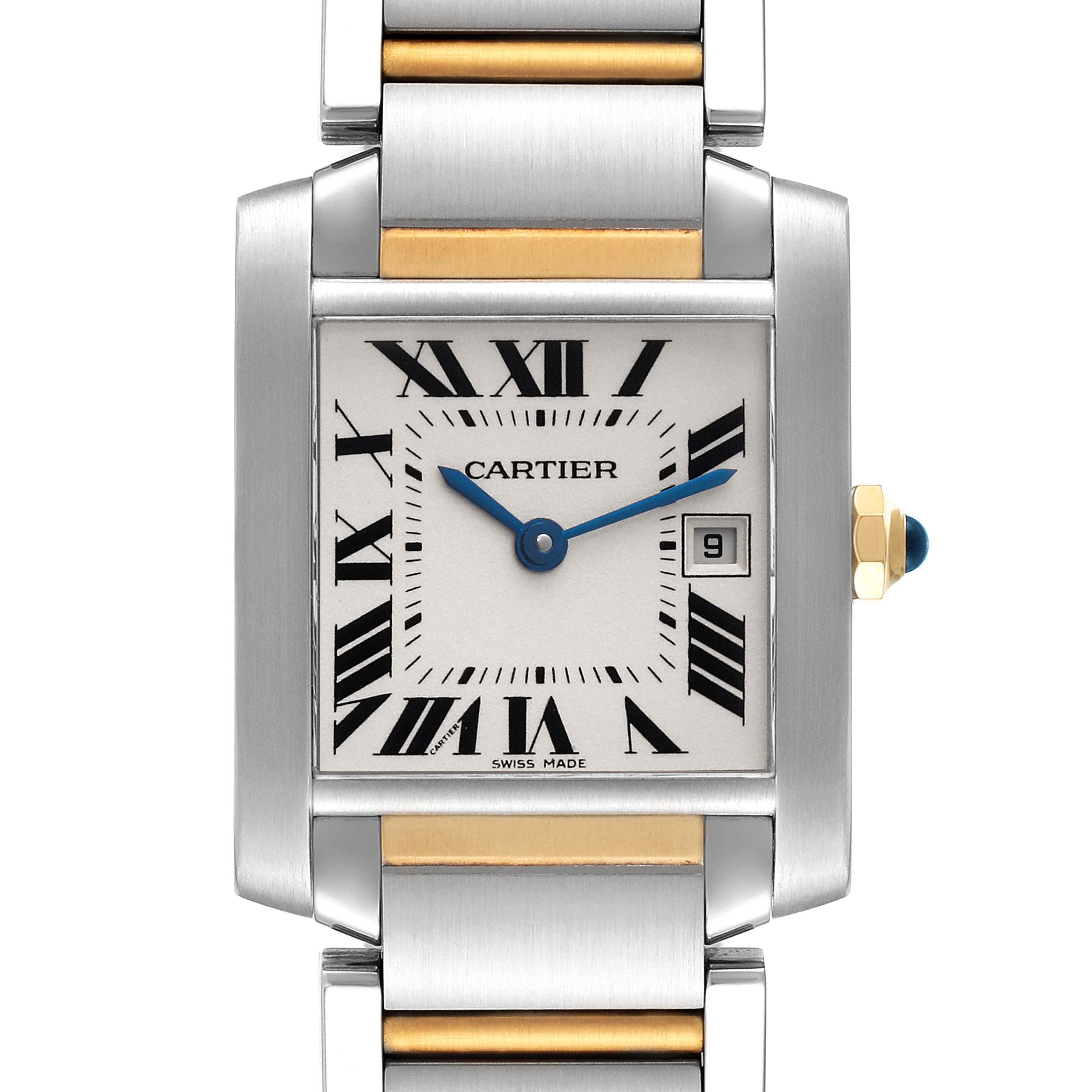 The image shows a frontal view of a Cartier Tank Francaise W51012Q4 Women
s Steel and Gold (two tone) Silver Dial W51012Q4 Women
s Steel and Gold (two tone) Silver Dial watch, highlighting the rectangular face, Roman numerals, and metal bracelet.