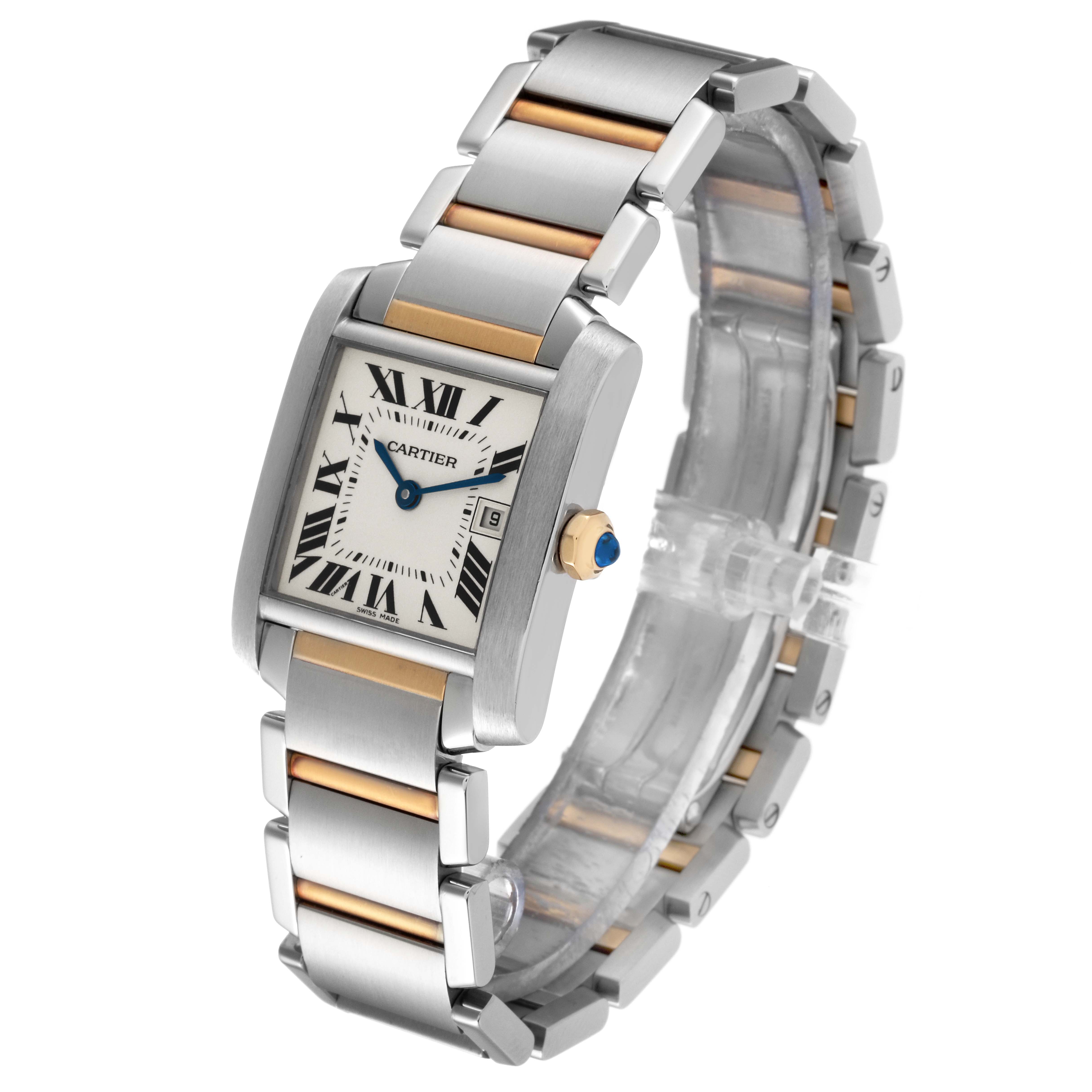 The image shows a Cartier Tank Française watch at a slight angled view, highlighting its face, bracelet, and side profile.