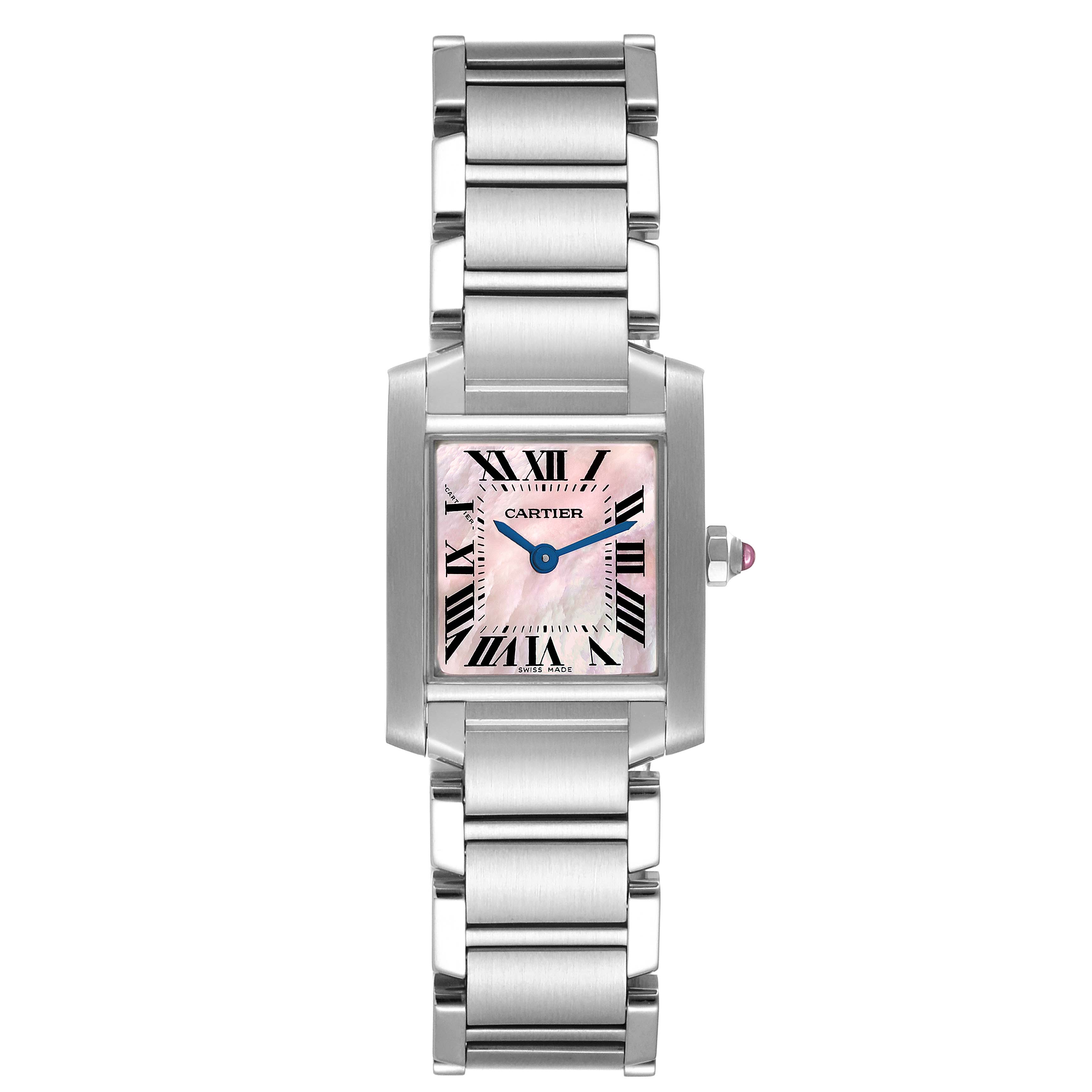 The image shows a Cartier Tank Francaise W51028Q3 Women's Stainless Steel Mother of Pearl Dial W51028Q3 Women's Stainless Steel Mother of Pearl Dial watch from a front angle, highlighting its bracelet and face.