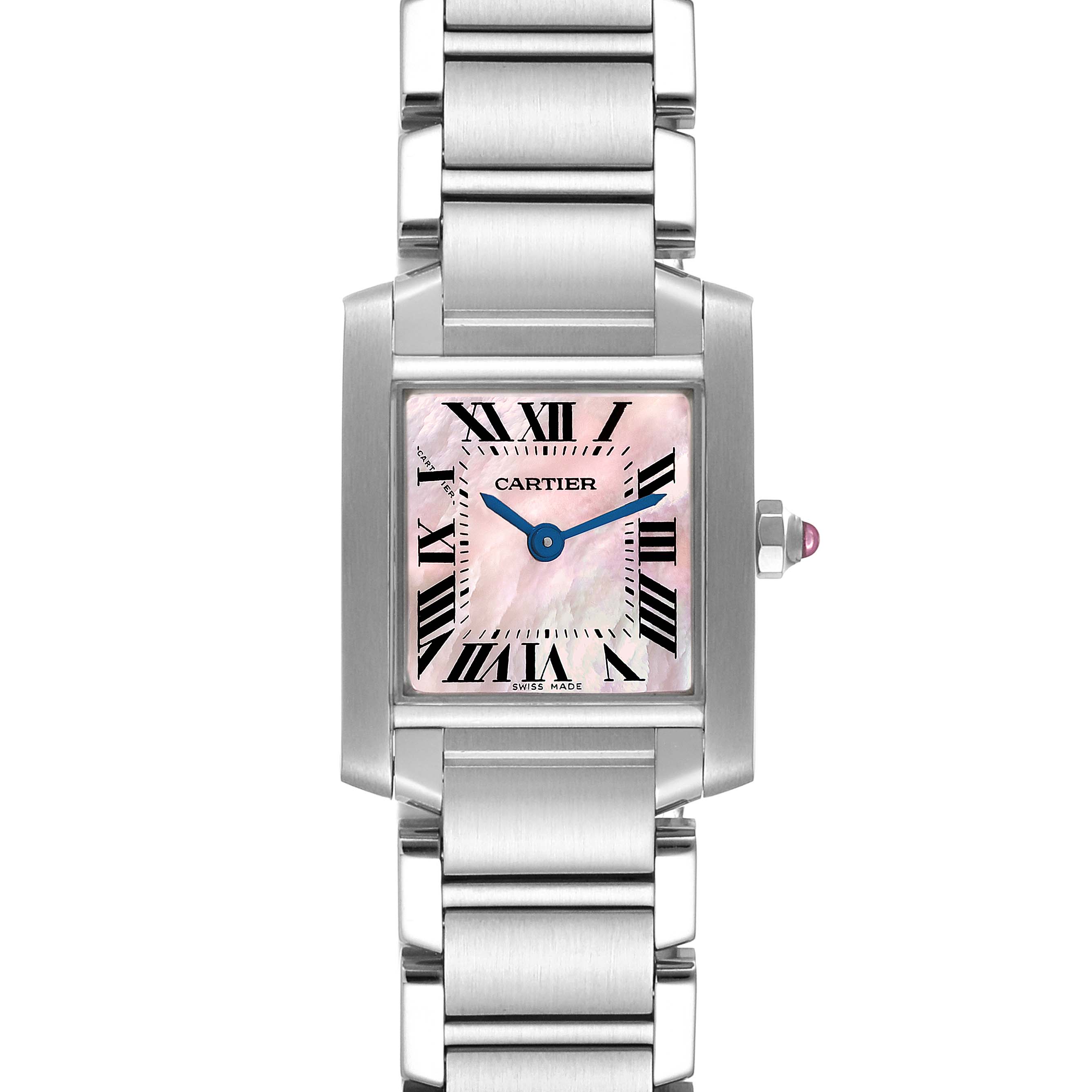 The image shows a front view of a Cartier Tank Francaise W51028Q3 Women's Stainless Steel Mother of Pearl Dial W51028Q3 Women's Stainless Steel Mother of Pearl Dial watch, highlighting its rectangular face, Roman numerals, and metal bracelet.