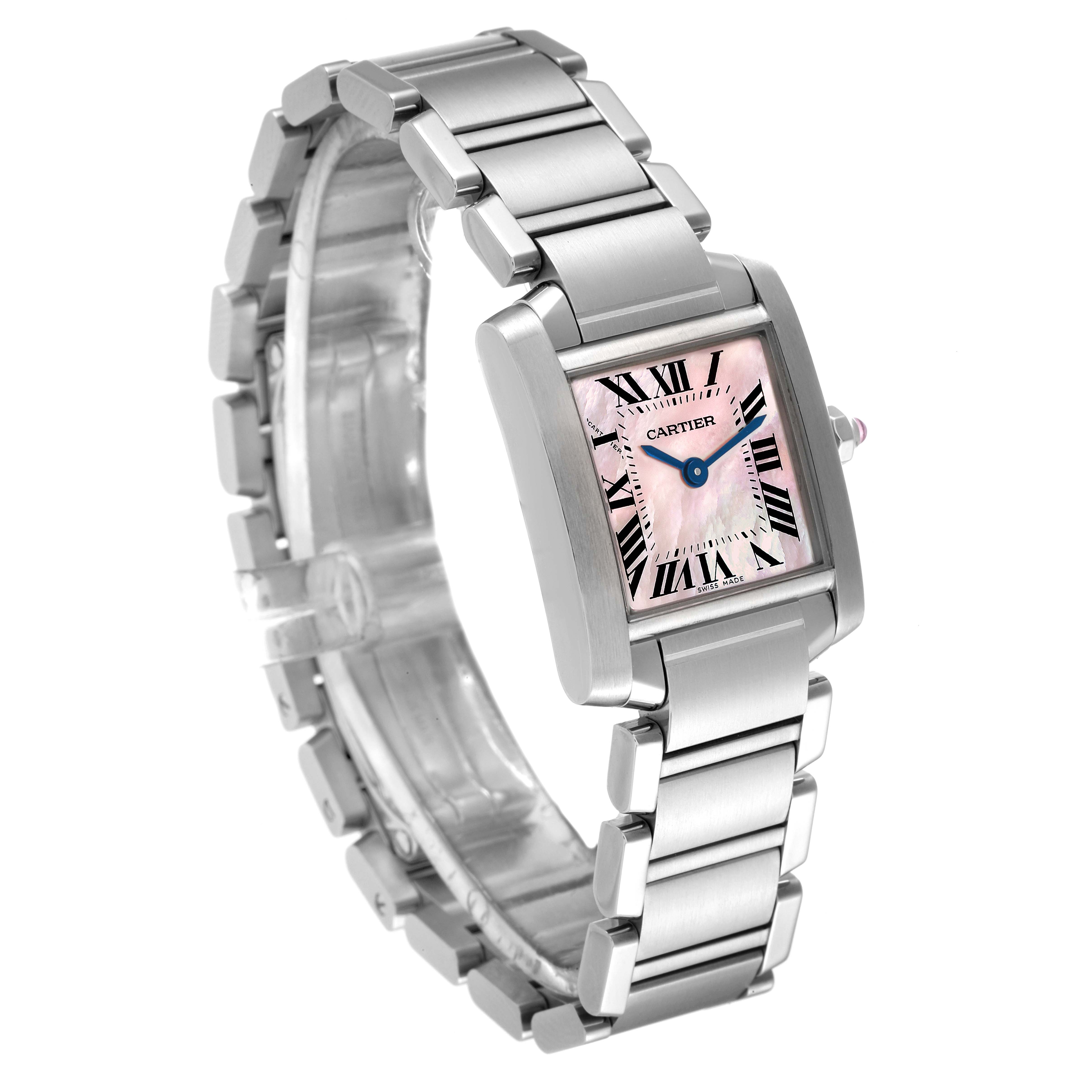 The image shows a slight side angle of the Cartier Tank Francaise W51028Q3 Women's Stainless Steel Mother of Pearl Dial W51028Q3 Women's Stainless Steel Mother of Pearl Dial watch, featuring its rectangular face and steel bracelet.