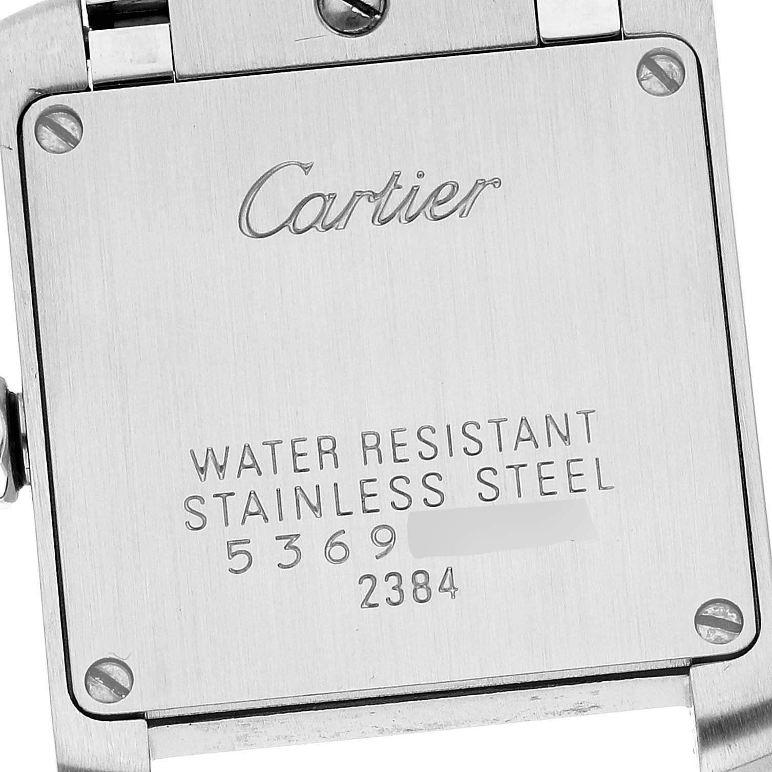 The image shows the back case of a Cartier Tank Française watch, highlighting its water resistance and stainless steel specifications.