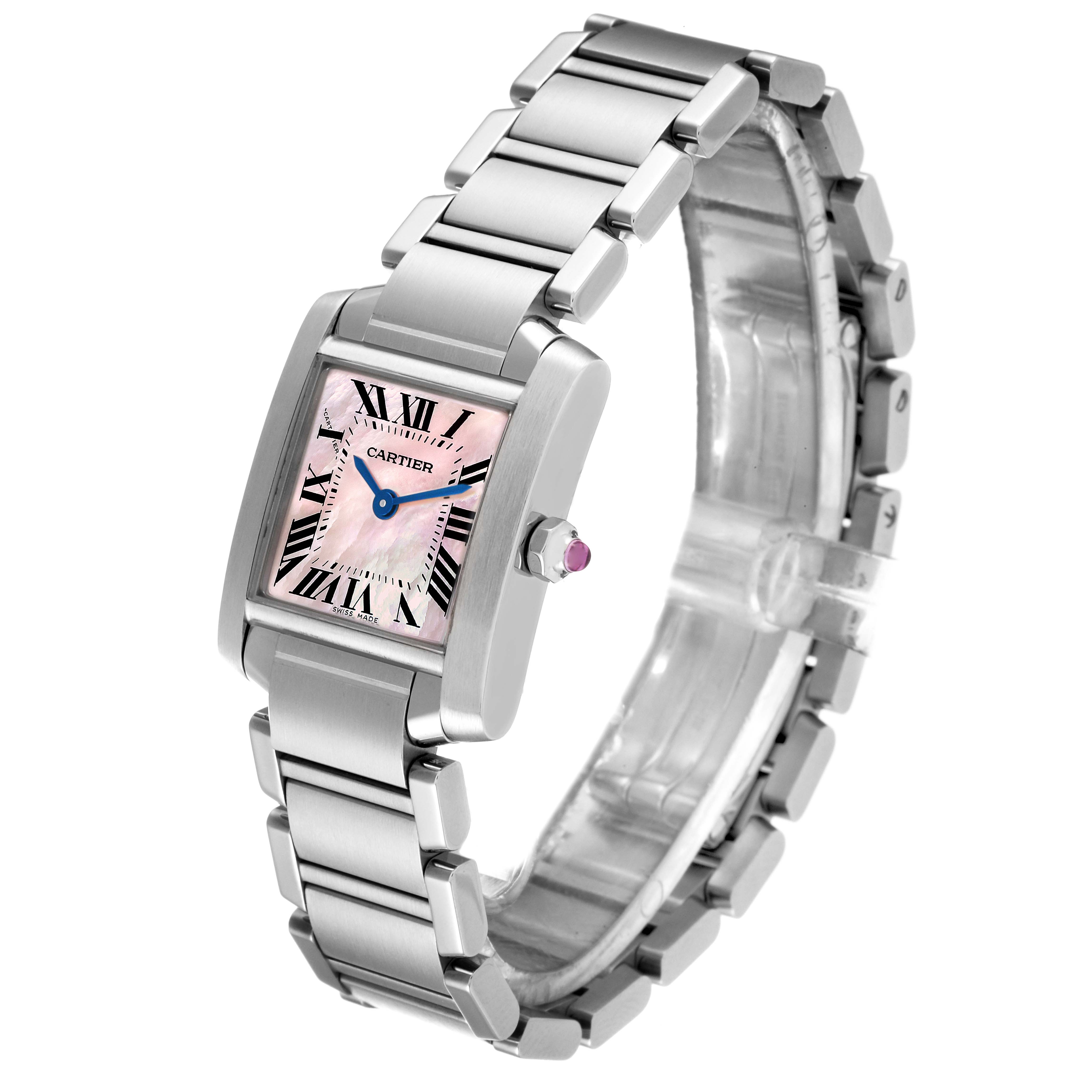 The Cartier Tank Francaise W51028Q3 Women's Stainless Steel Mother of Pearl Dial W51028Q3 Women's Stainless Steel Mother of Pearl Dial watch is shown at a three-quarter angle, displaying the bracelet, face, crown, and bezel.