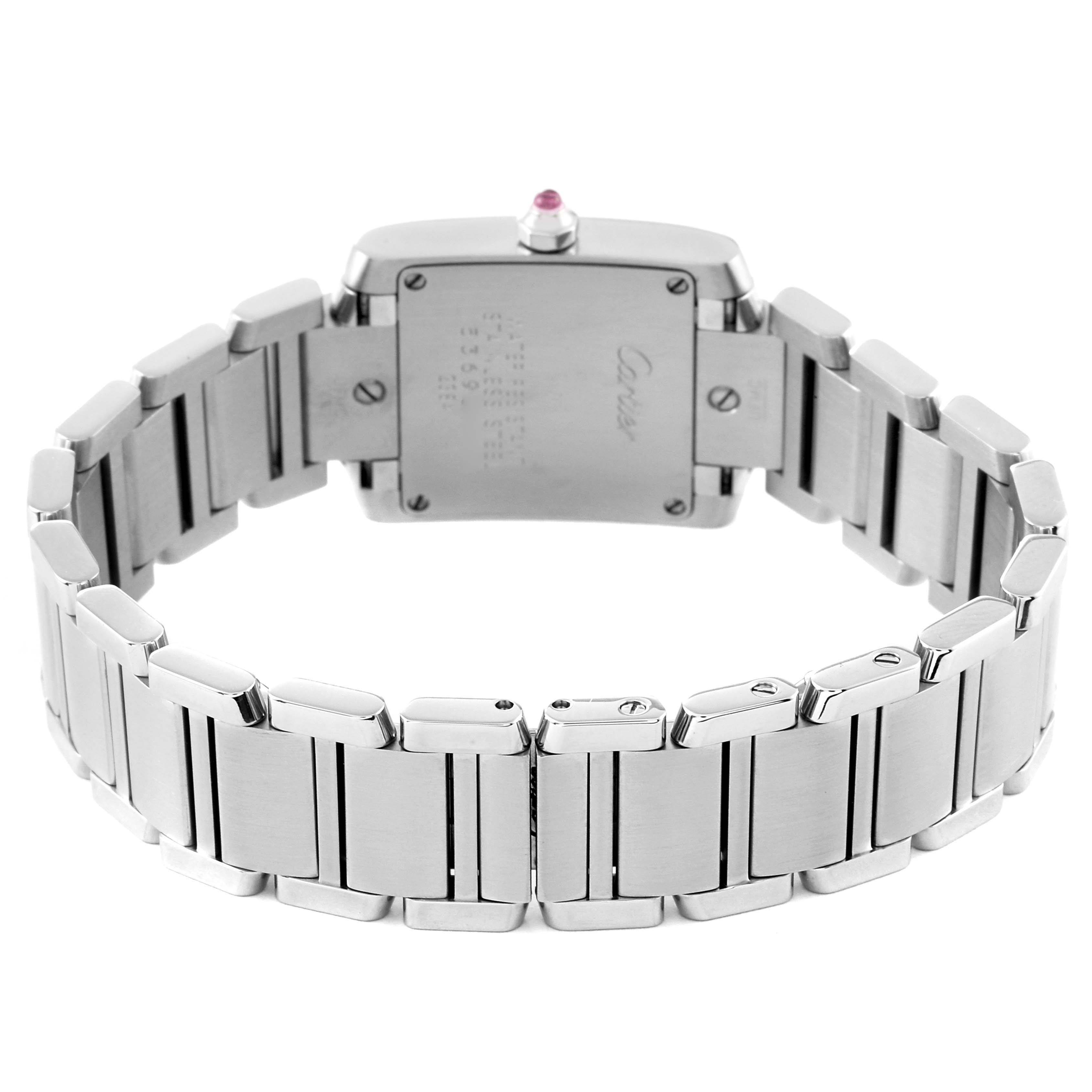 The image shows the back view of the Cartier Tank Francaise W51028Q3 Women's Stainless Steel Mother of Pearl Dial W51028Q3 Women's Stainless Steel Mother of Pearl Dial watch, highlighting the case back and stainless steel bracelet.