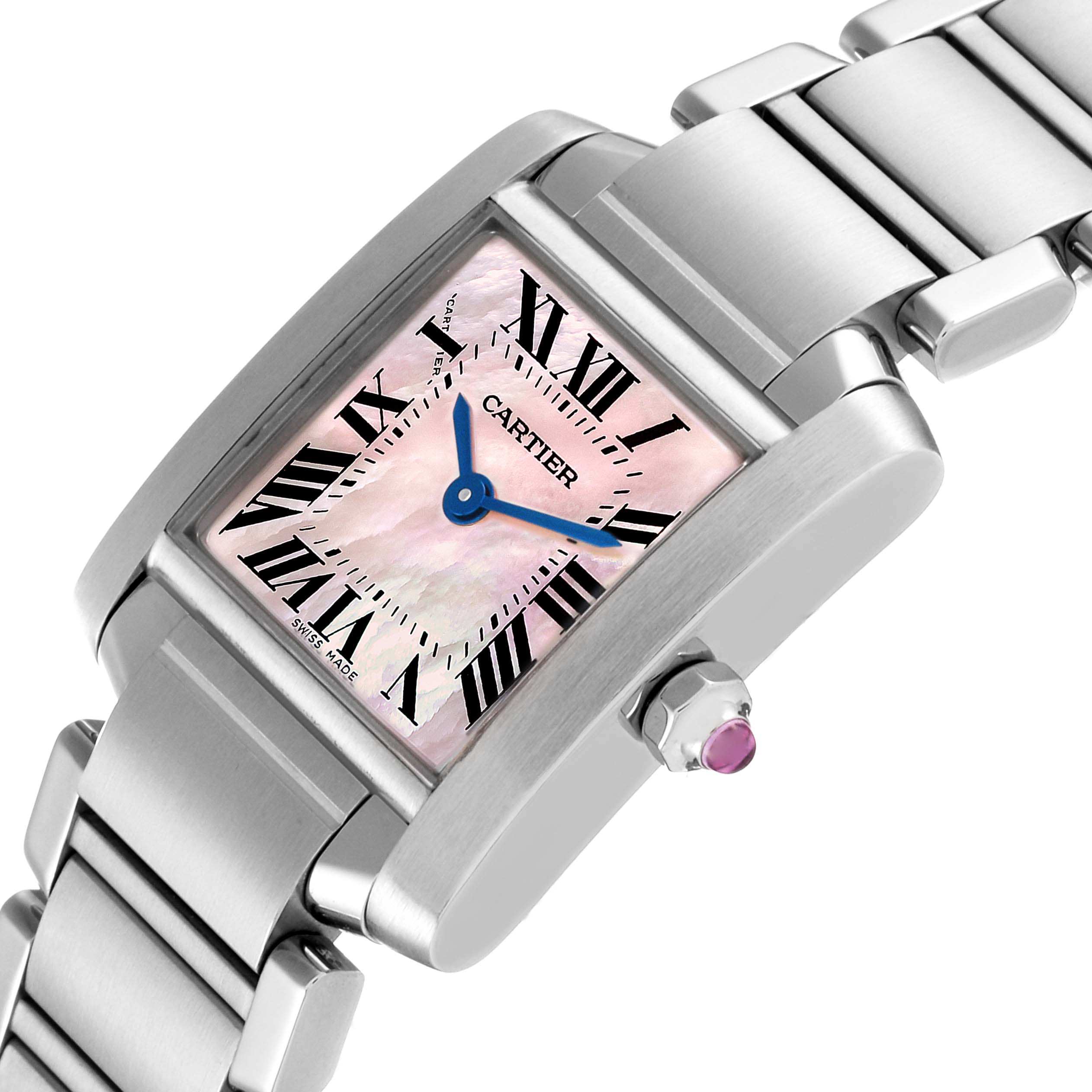 The image showcases a Cartier Tank Francaise W51028Q3 Women's Stainless Steel Mother of Pearl Dial W51028Q3 Women's Stainless Steel Mother of Pearl Dial watch at an angle, emphasizing its face, bracelet, and crown with a pink gemstone.