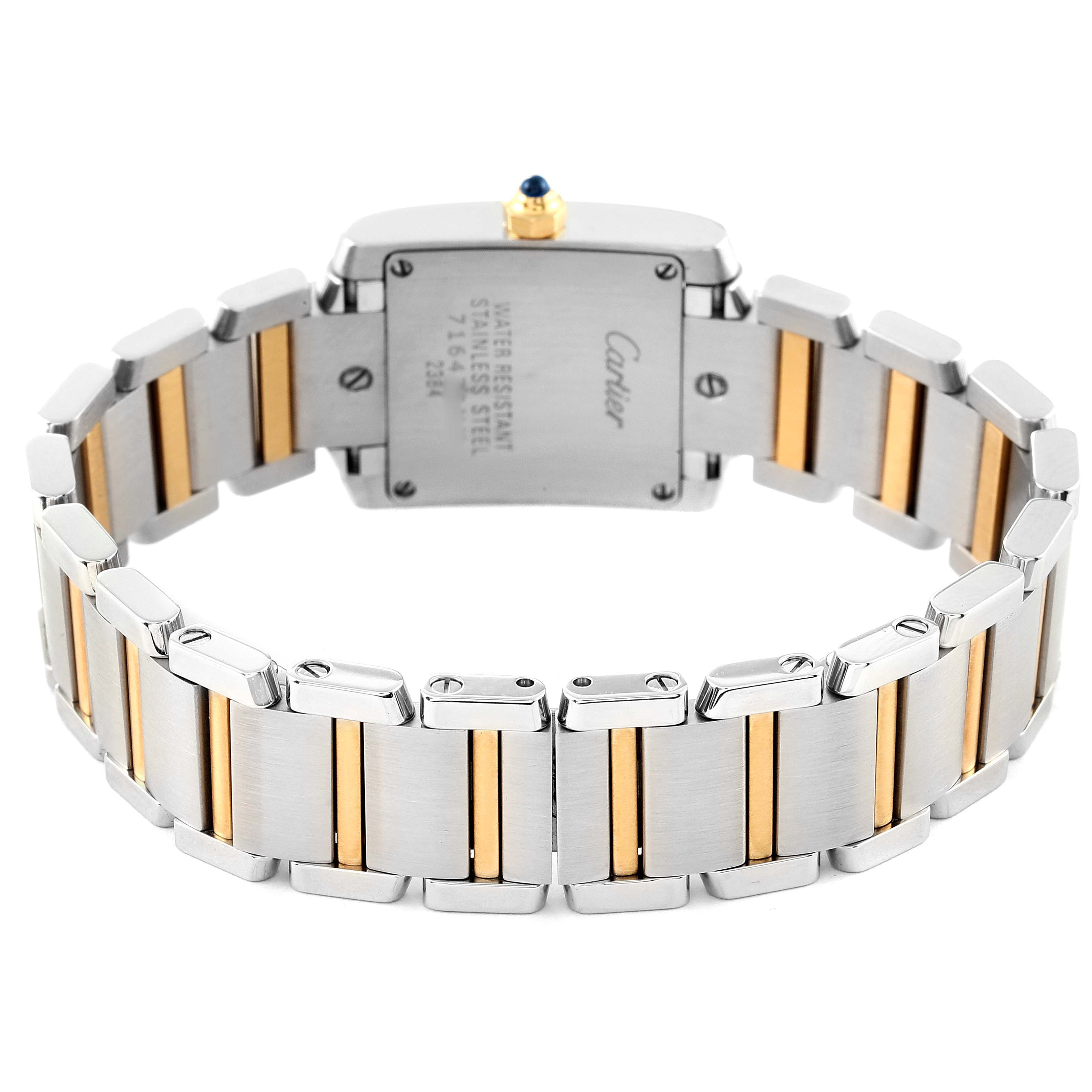 This image shows the back of the Cartier Tank Francaise W51007Q4 Women's Steel and Gold (two tone) Silver Dial W51007Q4 Women's Steel and Gold (two tone) Silver Dial watch, focusing on the stainless steel and gold bracelet.