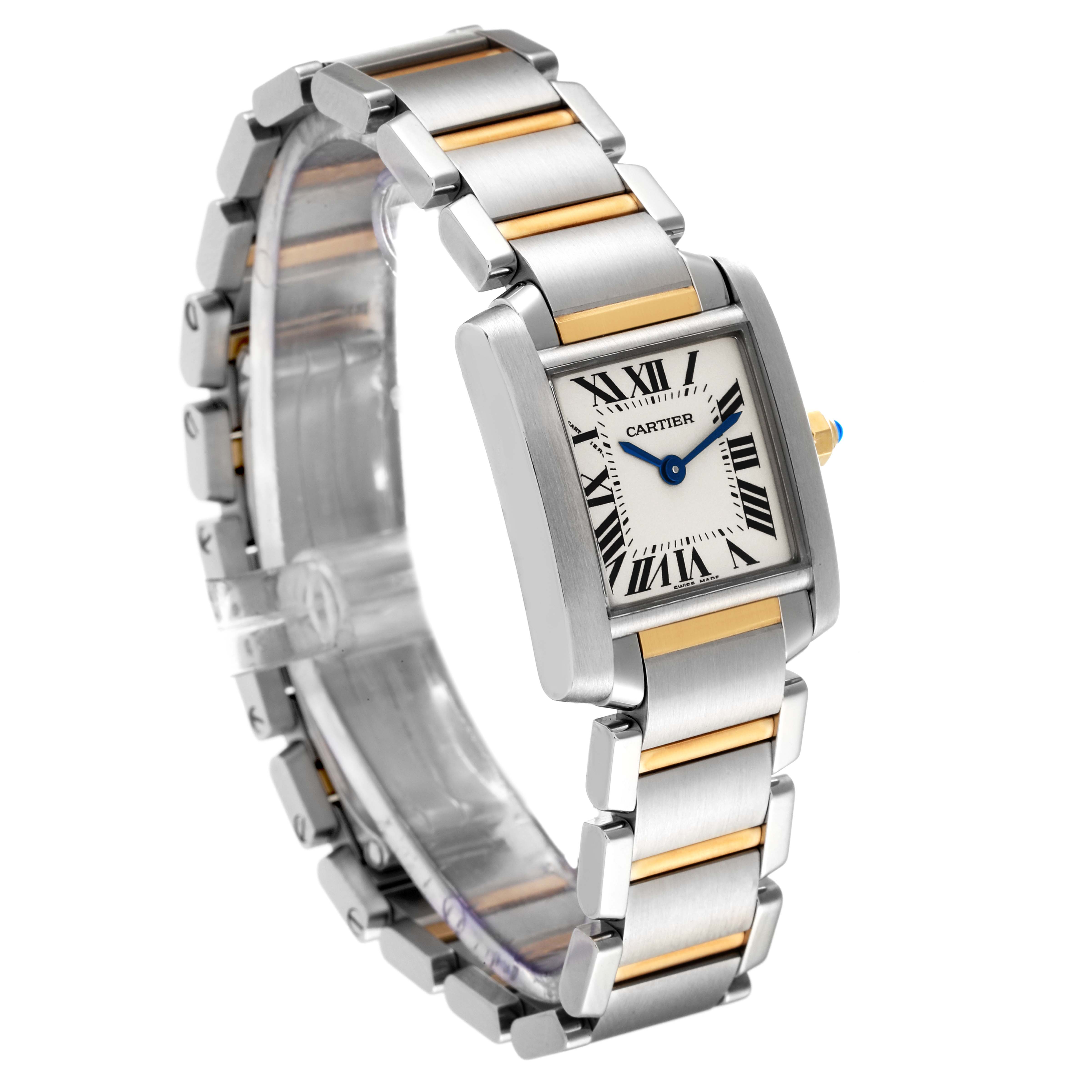 The image shows a Cartier Tank Française watch at an angle displaying its rectangular face, Roman numeral dial, and two-tone metal bracelet.