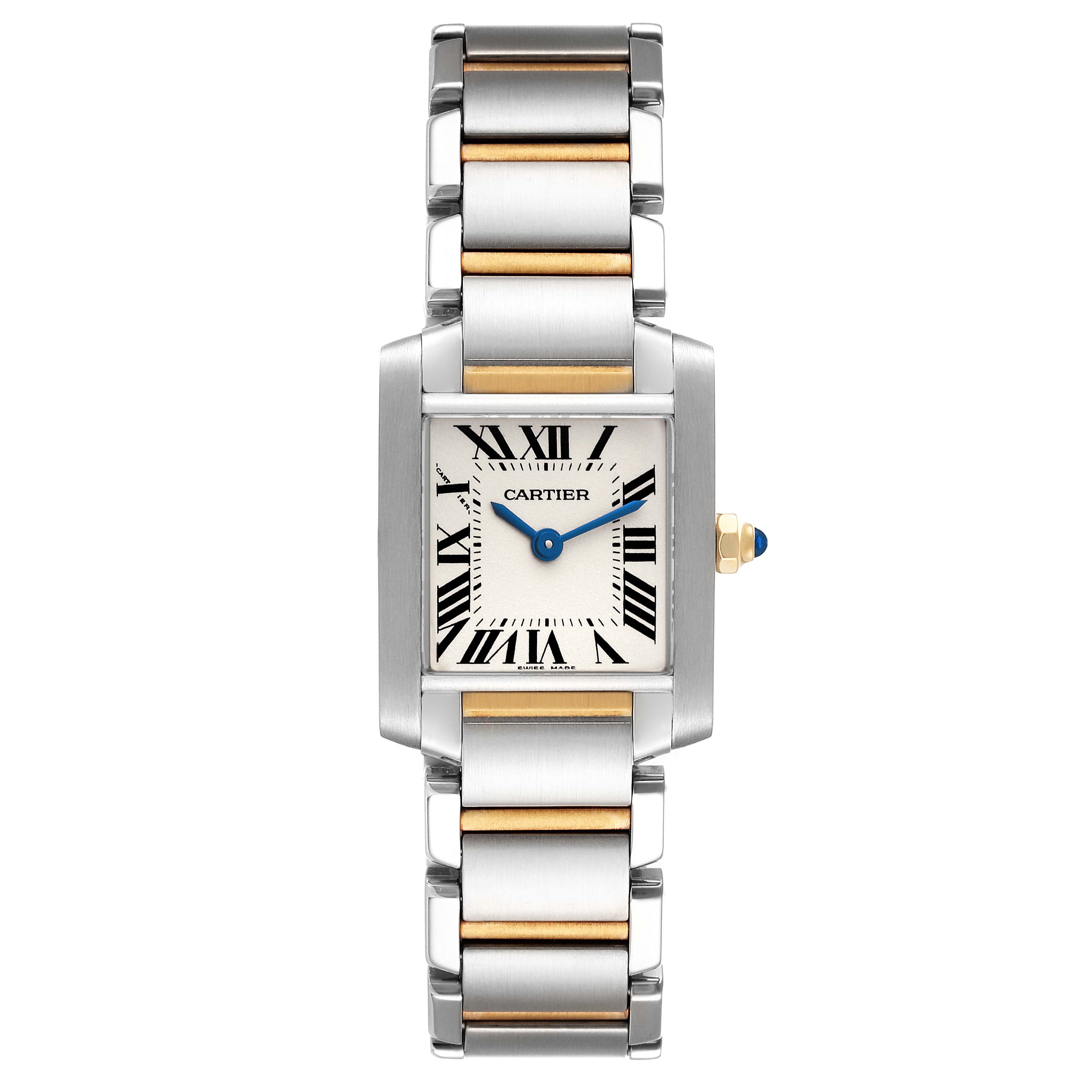 The Cartier Tank Francaise W51007Q4 Women's Steel and Gold (two tone) Silver Dial W51007Q4 Women's Steel and Gold (two tone) Silver Dial watch is shown from a straight-on angle, displaying the face and full bracelet.