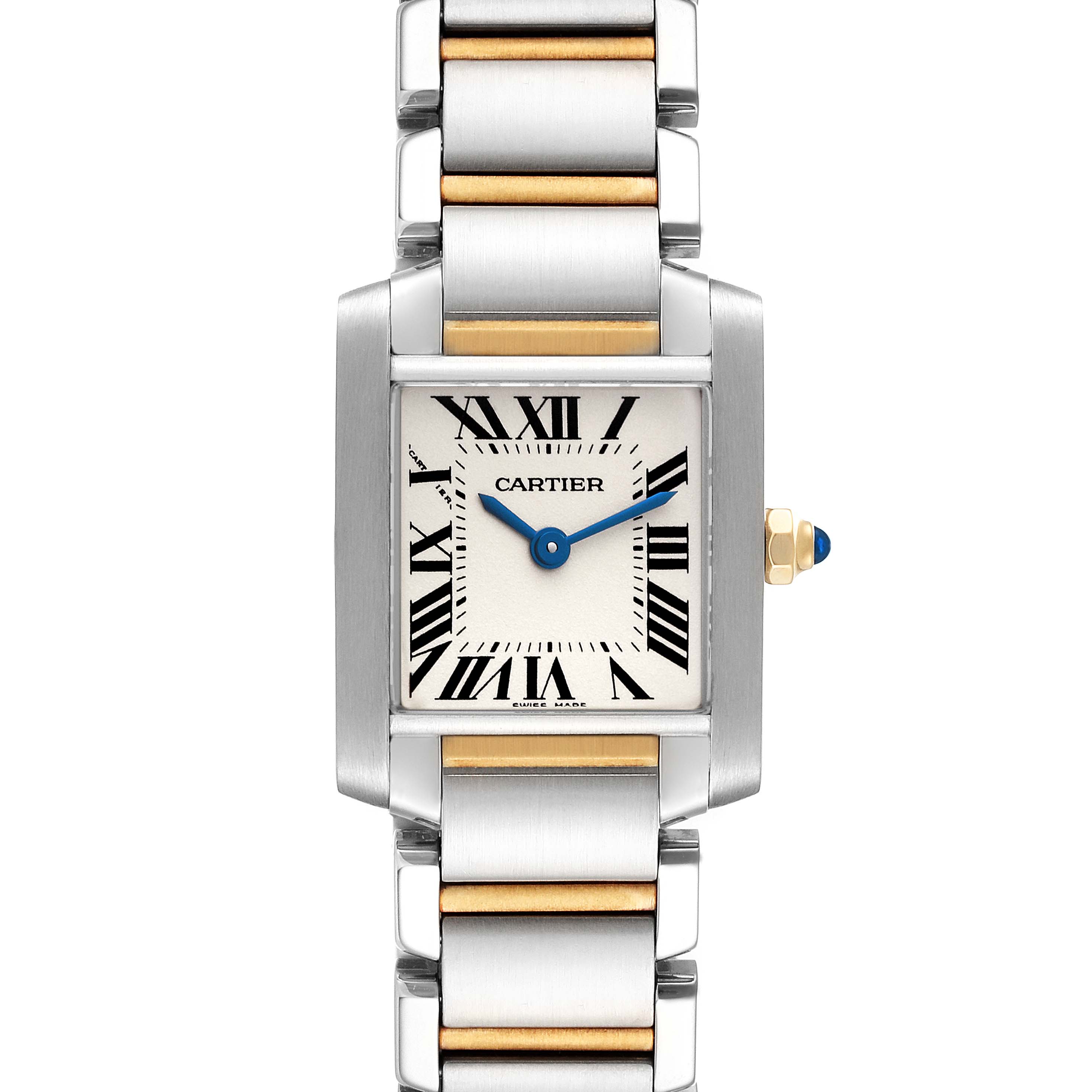 The image shows a frontal view of the Cartier Tank Francaise W51007Q4 Women's Steel and Gold (two tone) Silver Dial W51007Q4 Women's Steel and Gold (two tone) Silver Dial watch, showcasing its dial, bezel, and metal bracelet with gold accents.