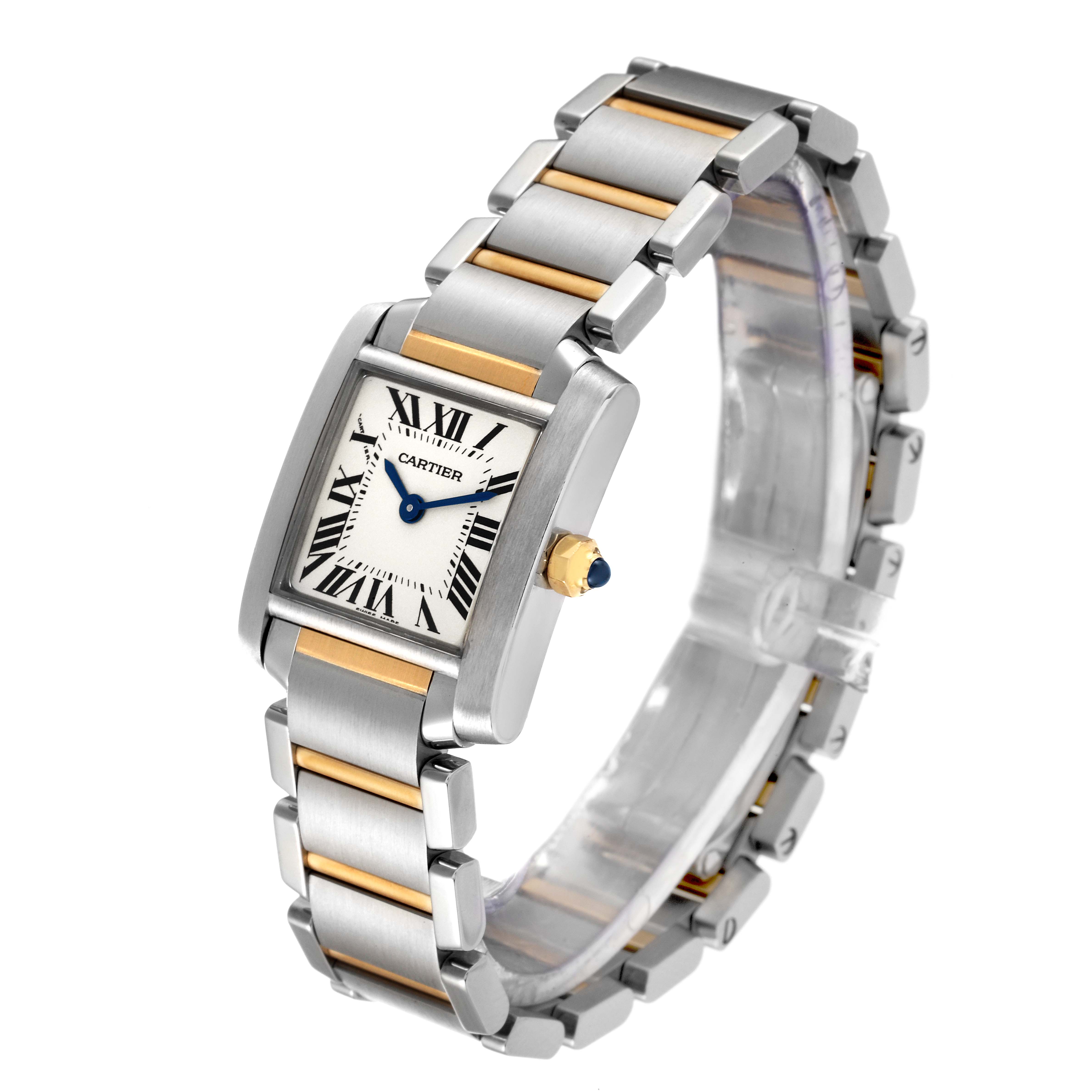 The image shows a three-quarter view of the Cartier Tank Française watch, highlighting its stainless steel and gold bracelet.