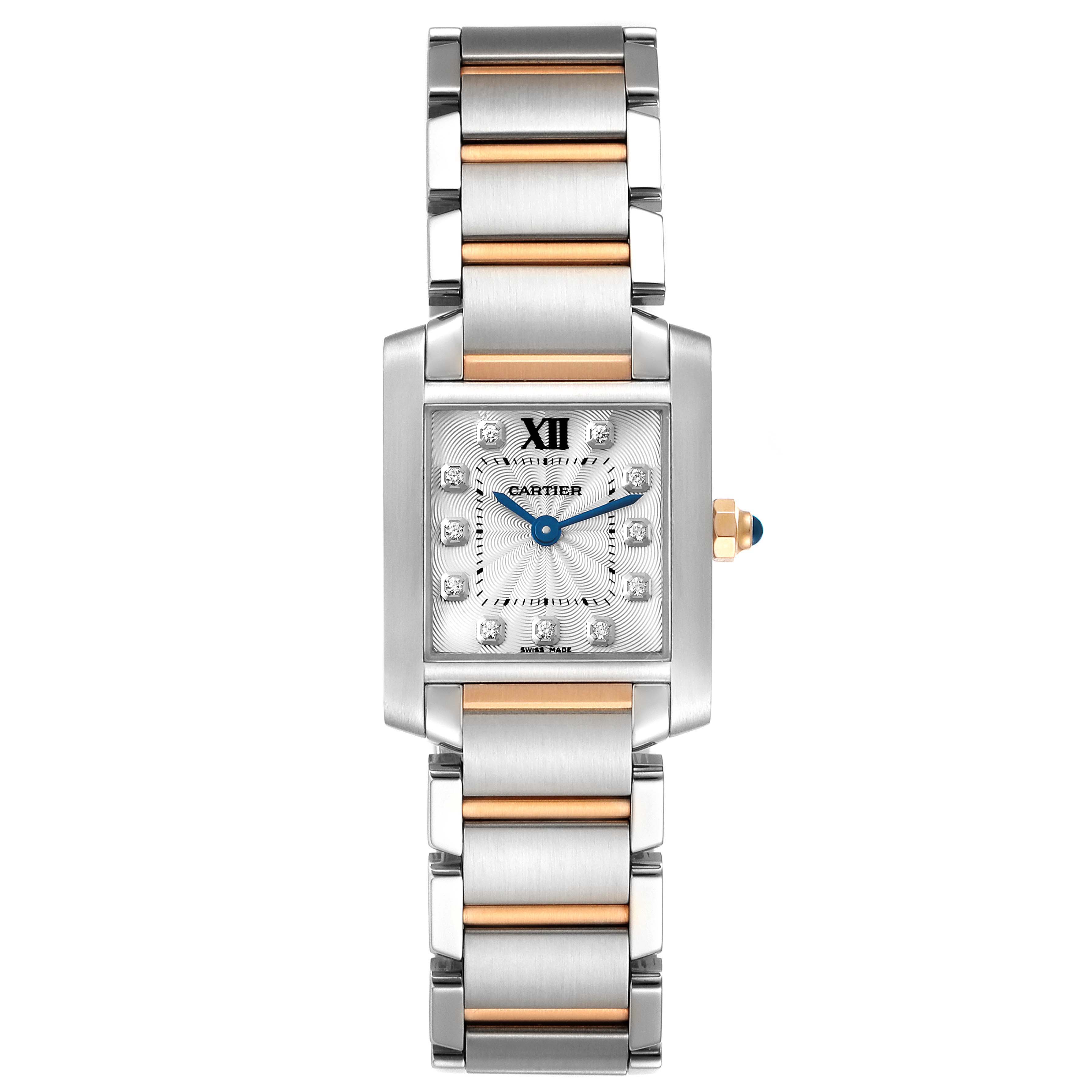This image shows a front view of a Cartier Tank Francaise WE110004 Women's Steel and Gold (two tone) Silver Dial WE110004 Women's Steel and Gold (two tone) Silver Dial watch, displaying its rectangular face, metal bracelet, and blue hands.
