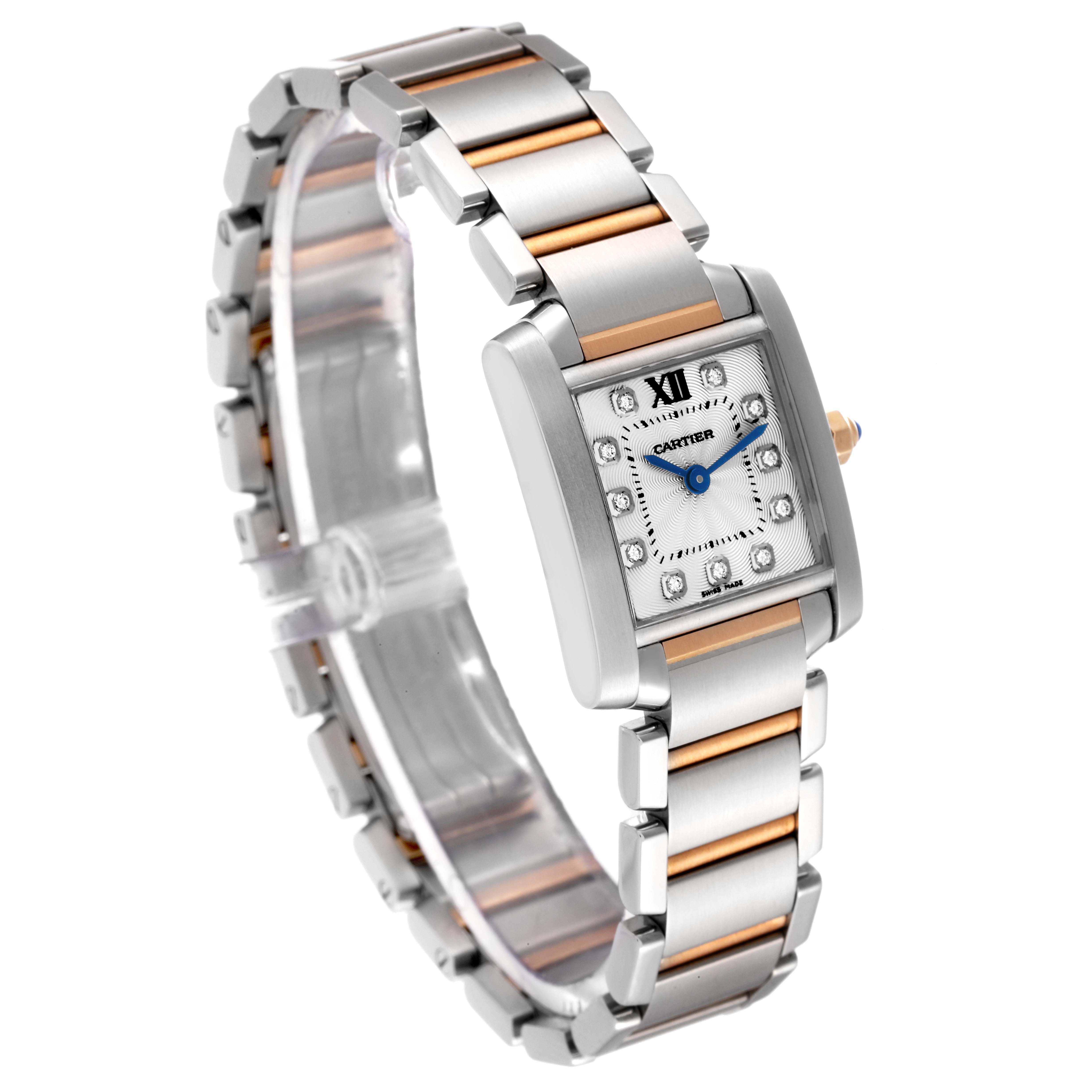 The image shows a Tank Francaise watch by Cartier from an angled perspective, highlighting the watch face and part of the bracelet.