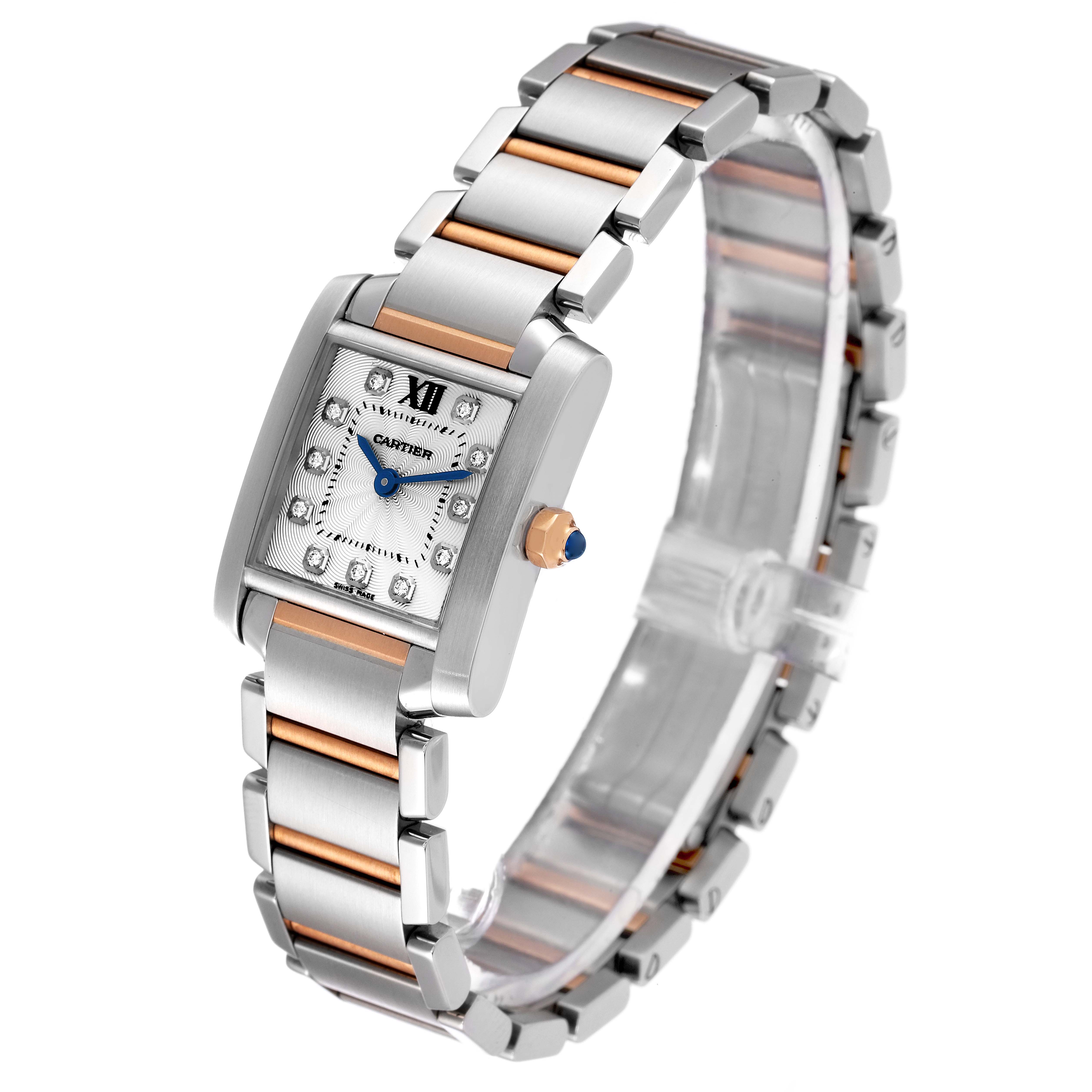 The Cartier Tank Francaise WE110004 Women's Steel and Gold (two tone) Silver Dial WE110004 Women's Steel and Gold (two tone) Silver Dial watch is shown in a three-quarter angle, highlighting its face, crown, and metal bracelet.