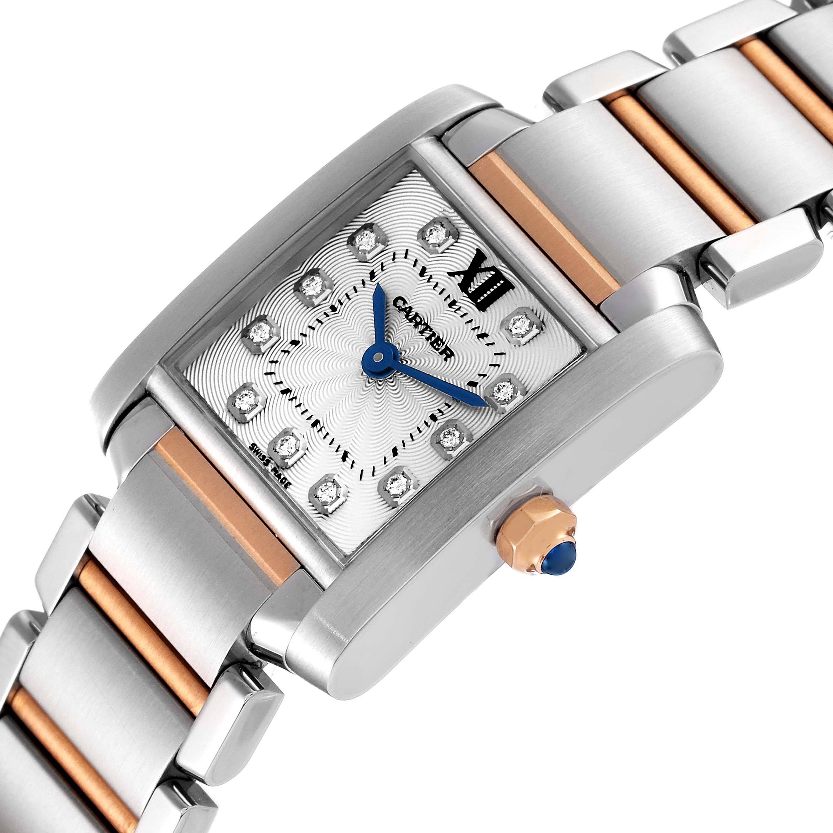 The image shows a close-up, angled view of the Cartier Tank Francaise WE110004 Women's Steel and Gold (two tone) Silver Dial WE110004 Women's Steel and Gold (two tone) Silver Dial watch, featuring its face, bracelet, and crown.