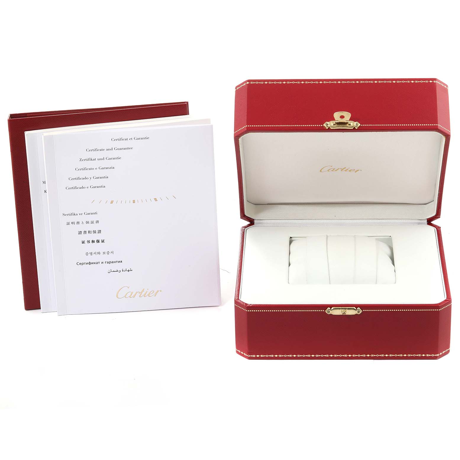 This image shows an open red box and certificates for a Cartier Tank Francaise WE110004 Women's Steel and Gold (two tone) Silver Dial WE110004 Women's Steel and Gold (two tone) Silver Dial watch.