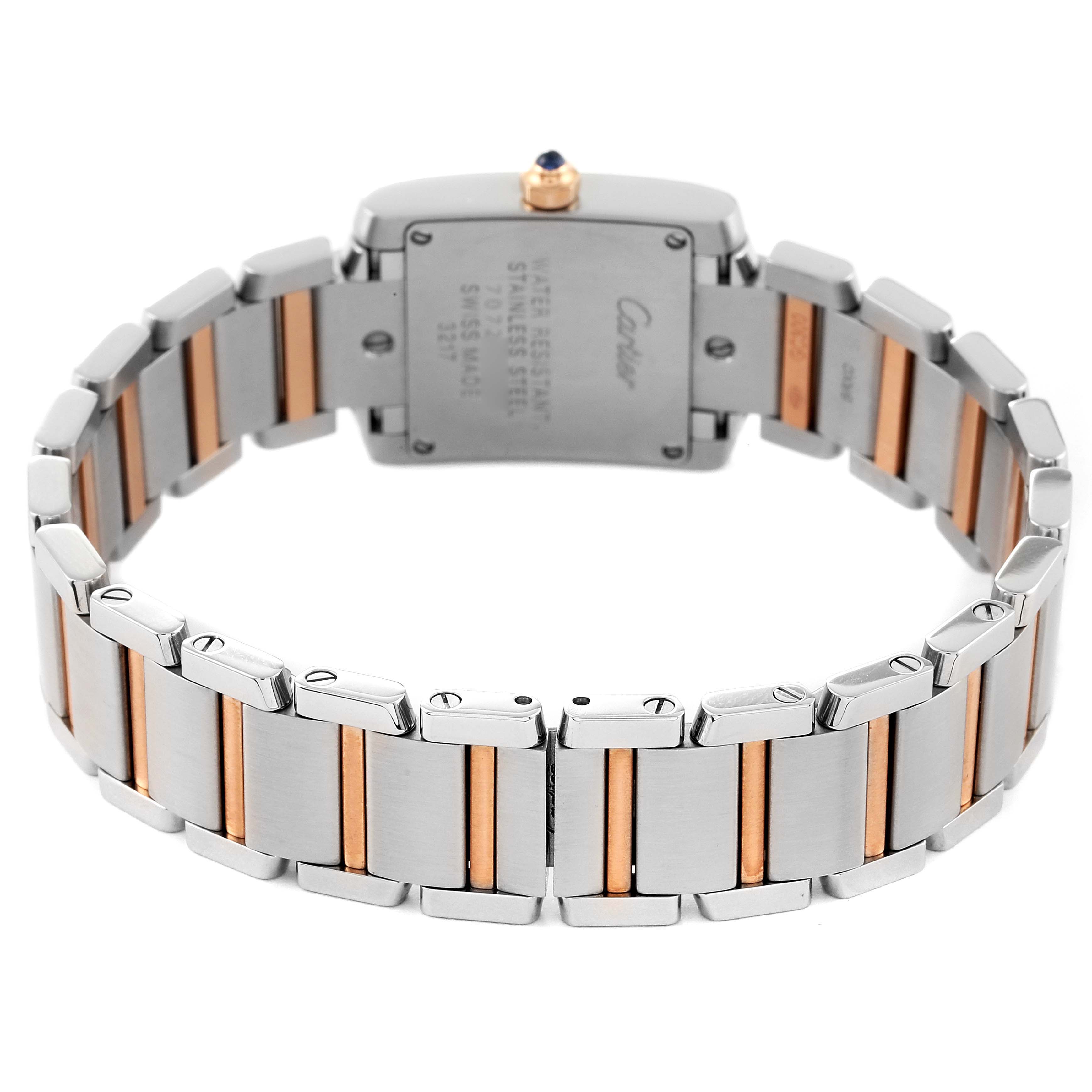 The image shows the back view of a Cartier Tank Francaise WE110004 Women's Steel and Gold (two tone) Silver Dial WE110004 Women's Steel and Gold (two tone) Silver Dial watch, highlighting the bracelet and case back.