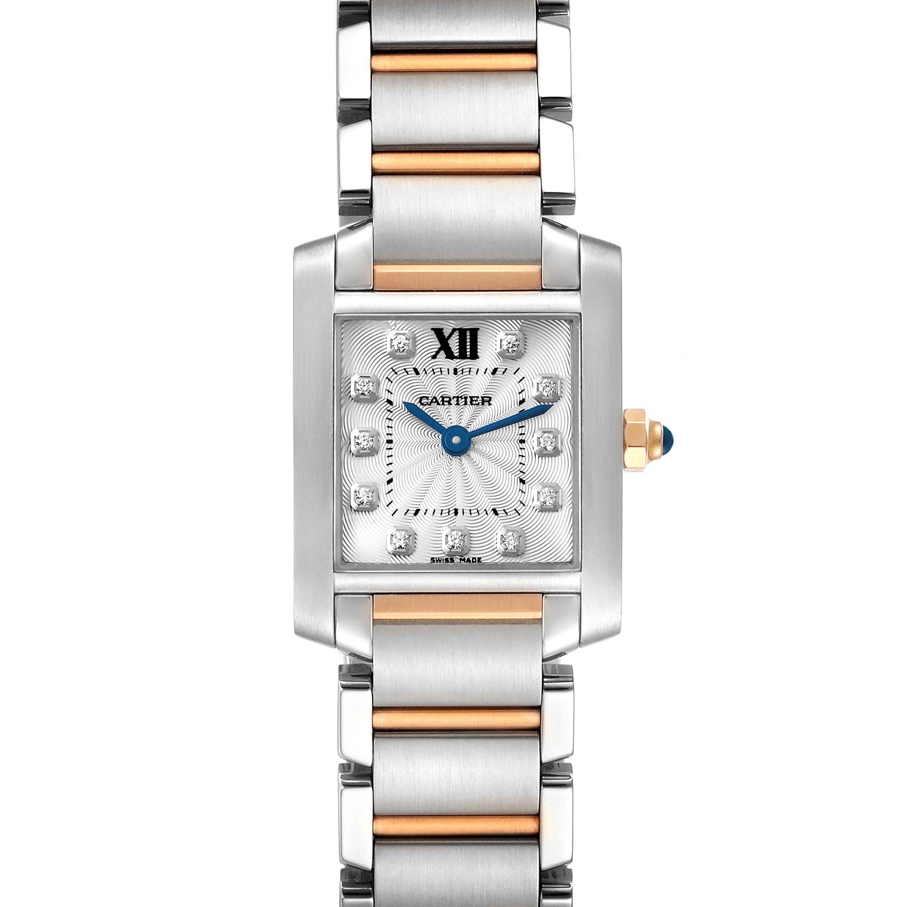 The Cartier Tank Francaise WE110004 Women's Steel and Gold (two tone) Silver Dial WE110004 Women's Steel and Gold (two tone) Silver Dial watch is shown from a front angle, highlighting its dial, bracelet, and crown.