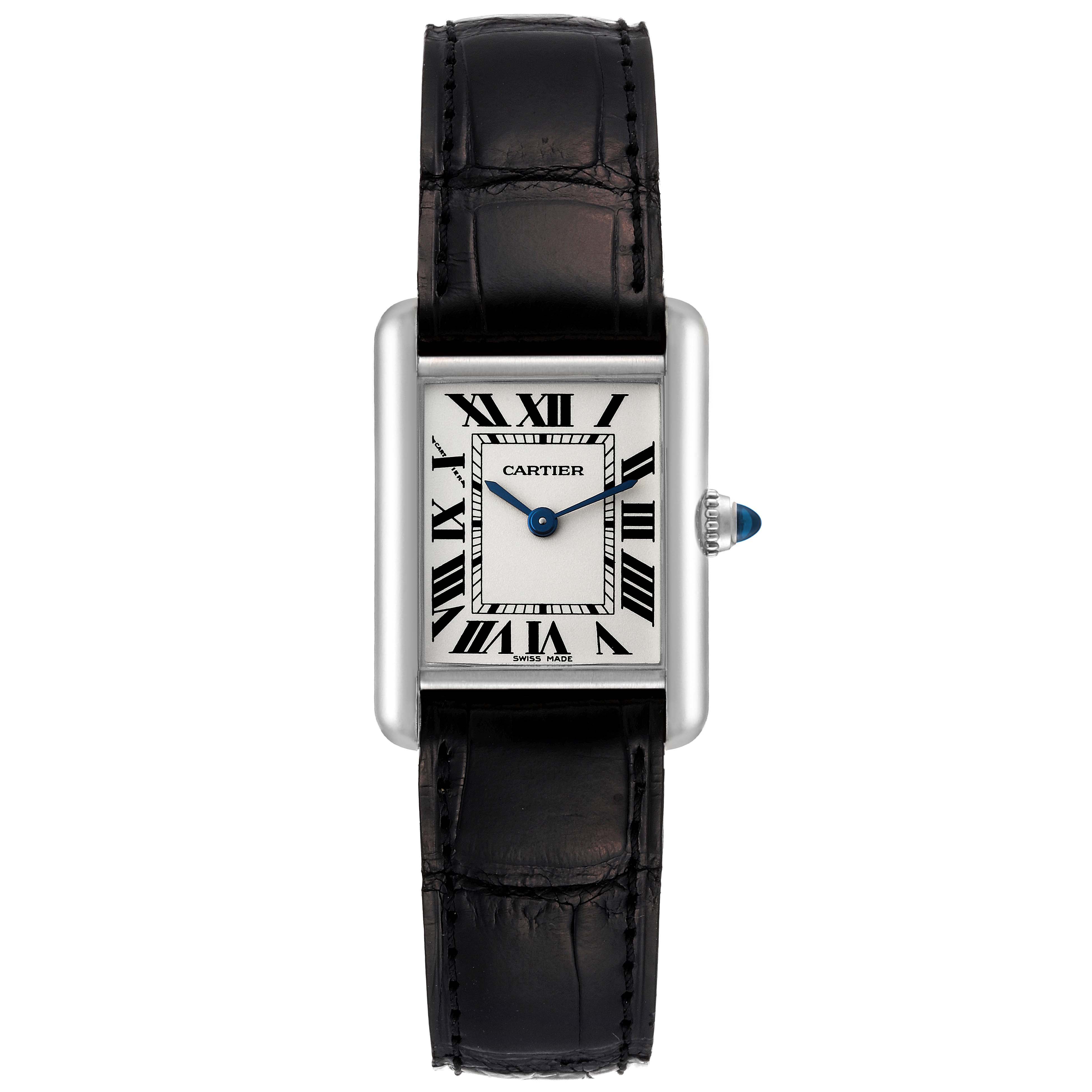 The Cartier Tank Louis W1541056 Women's White Gold Silver Dial W1541056 Women's White Gold Silver Dial watch is shown from a front view, displaying its rectangular face, Roman numeral dial, and leather strap.