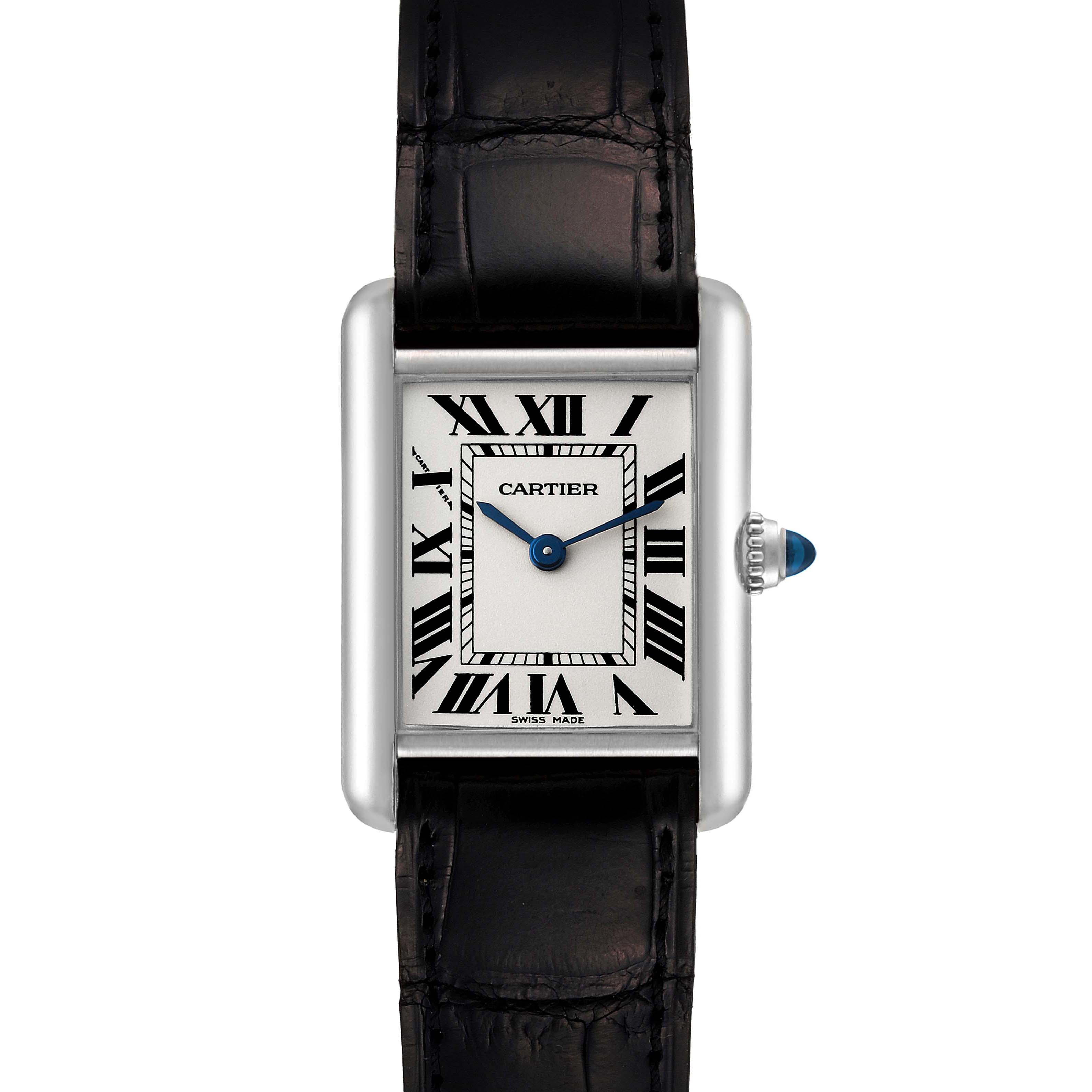 The image shows a front view of the Cartier Tank Louis W1541056 Women's White Gold Silver Dial W1541056 Women's White Gold Silver Dial watch, showcasing its dial, case, and black leather strap.